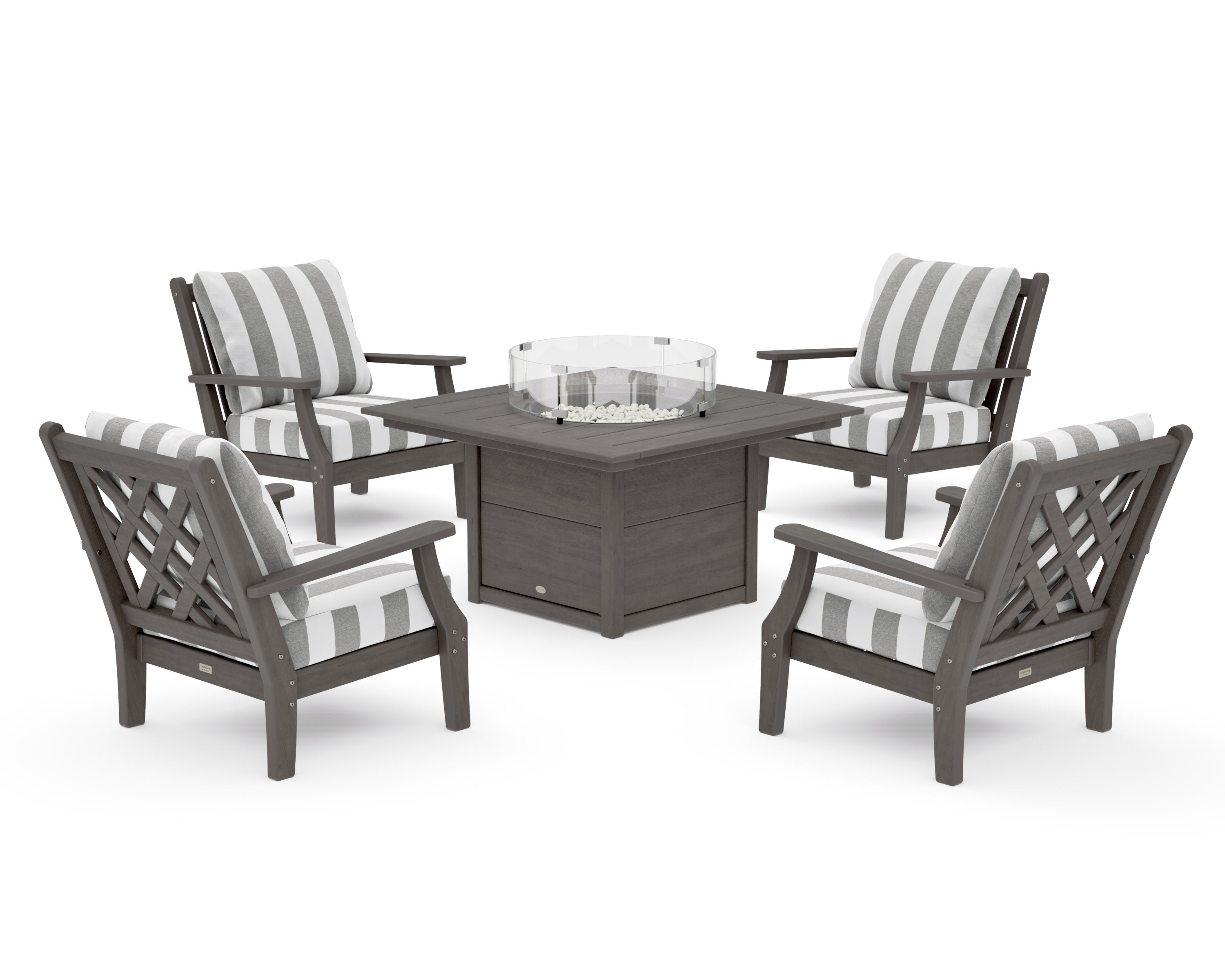 Wovendale 5-Piece Deep Seating Set with Fire Pit Table in Driftwood / Cabana Stripe Grey Mist