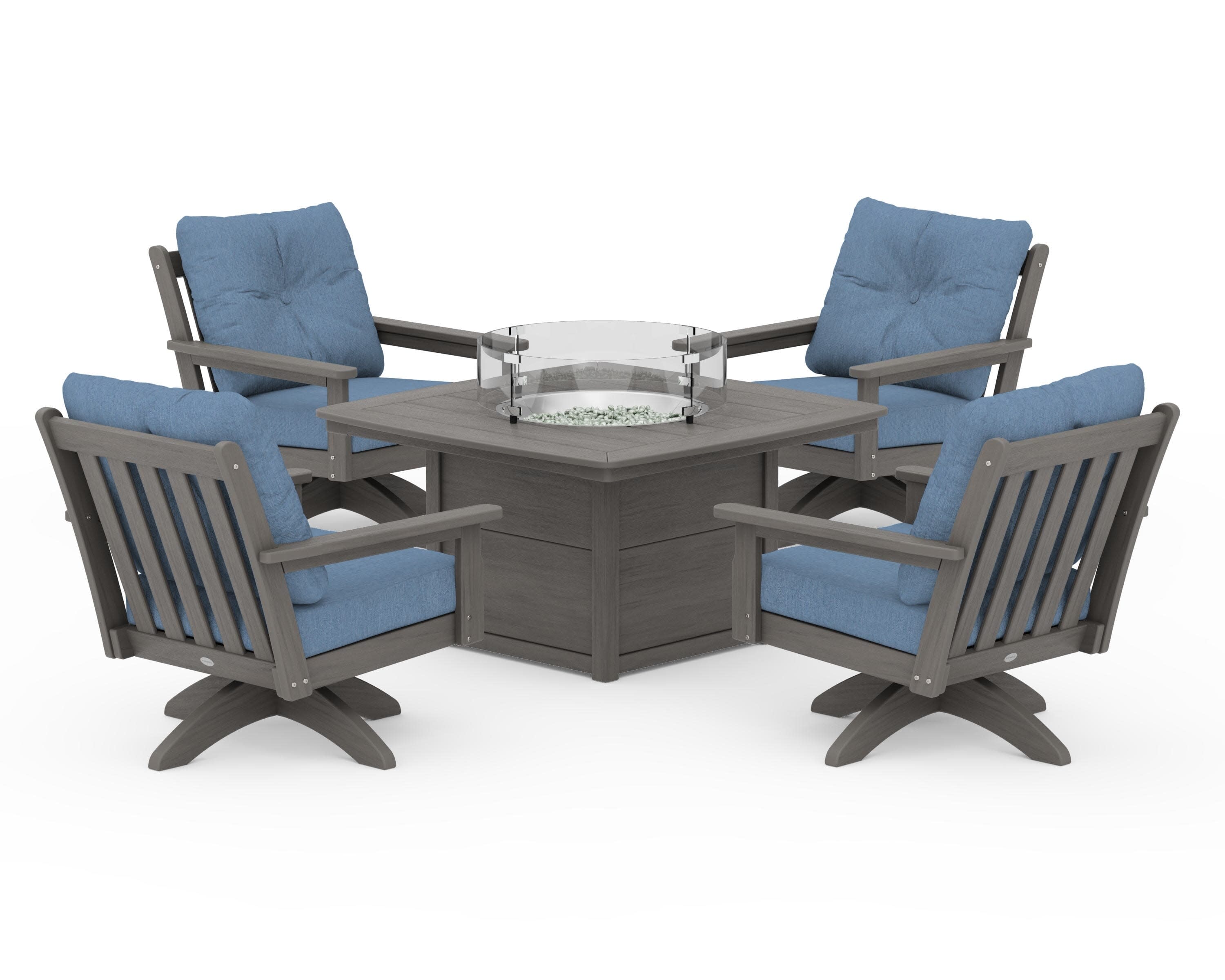 Vineyard 5-Piece Deep Seating Swivel Conversation Set with Fire Pit Table in Driftwood / Sky Blue