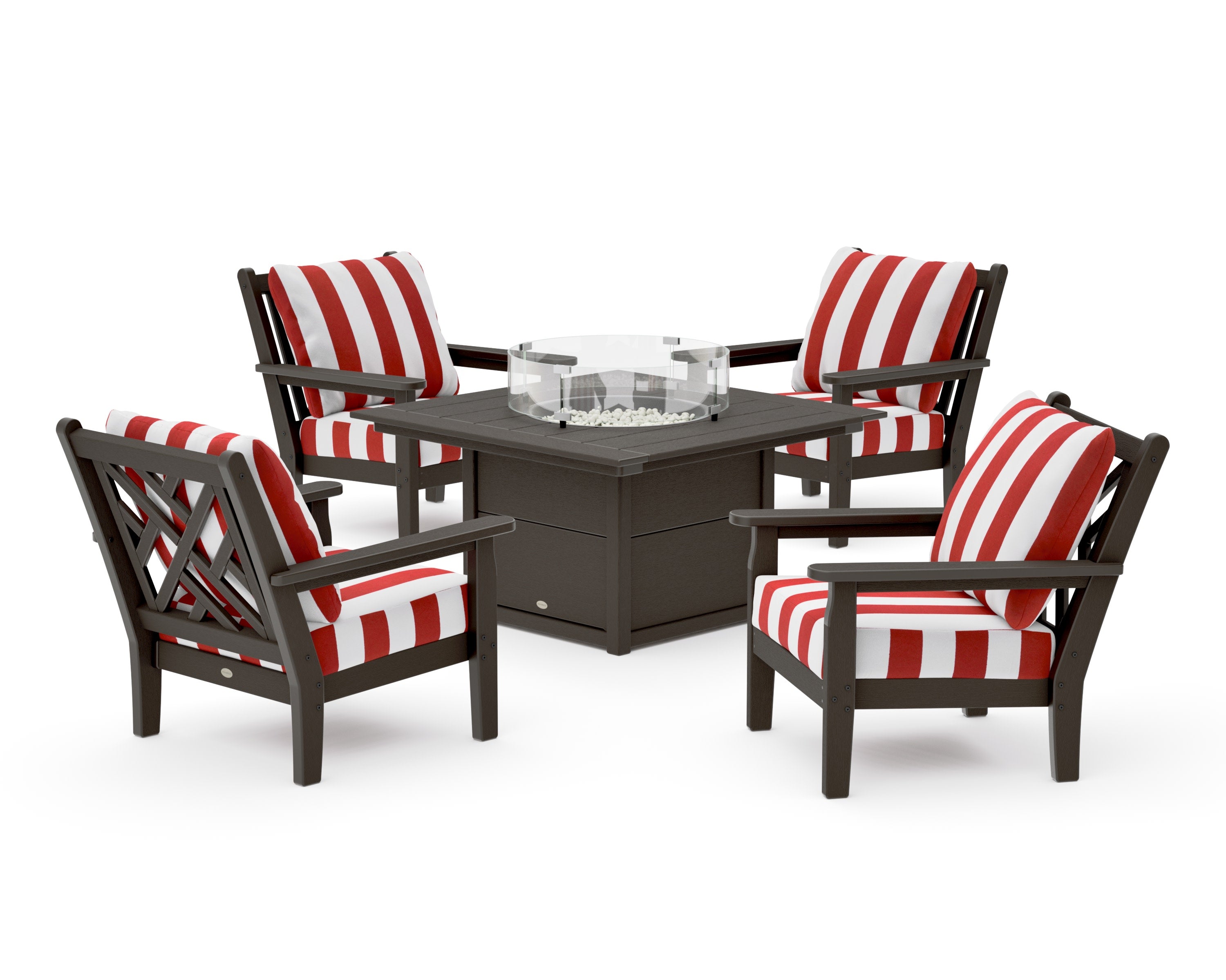 Chippendale 5-Piece Deep Seating Set with Fire Pit Table in Vintage Coffee / Cabana Stripe Crimson
