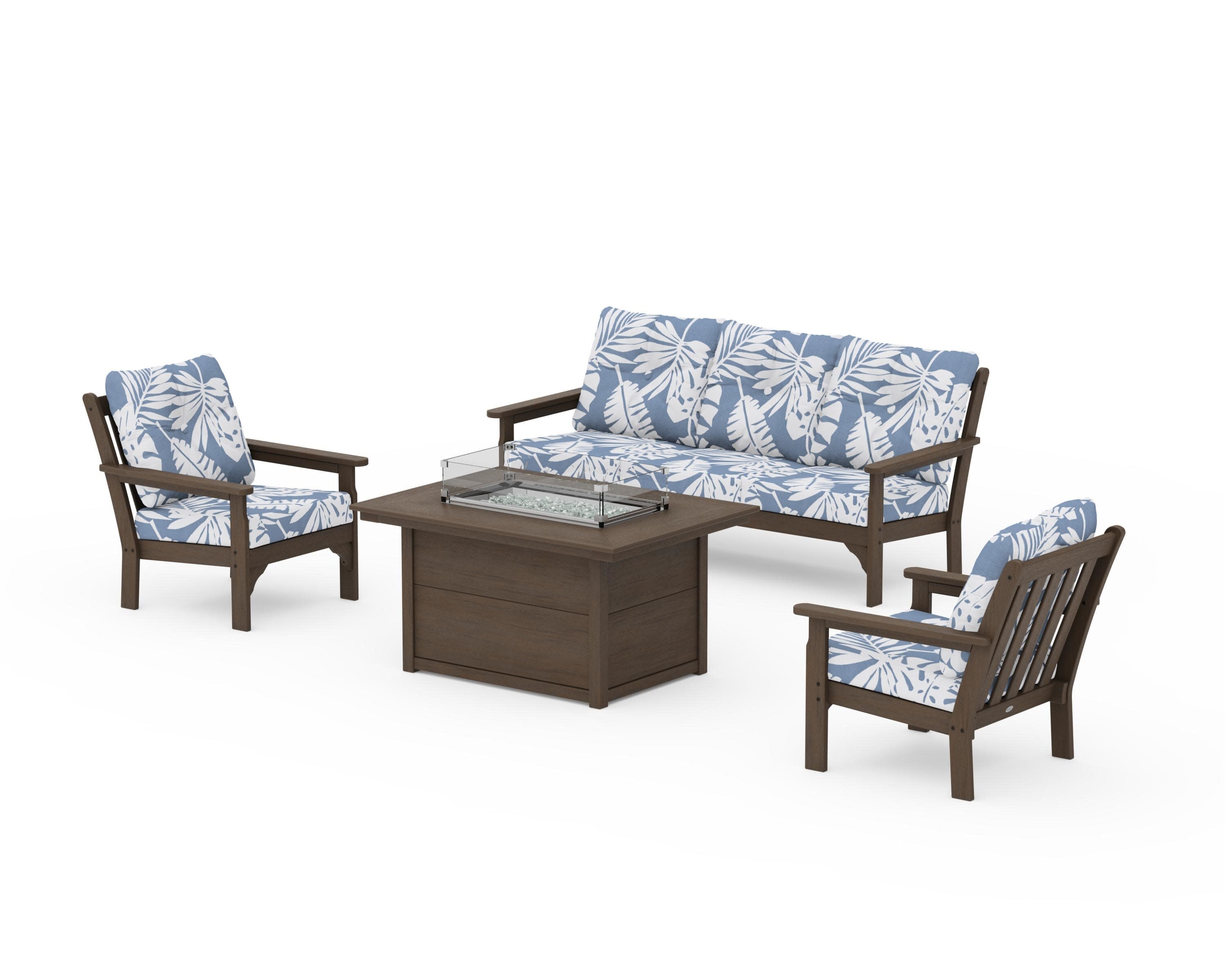 Vineyard Deep Seating Fire Pit Table Set in Kona / Leaf Sky Blue