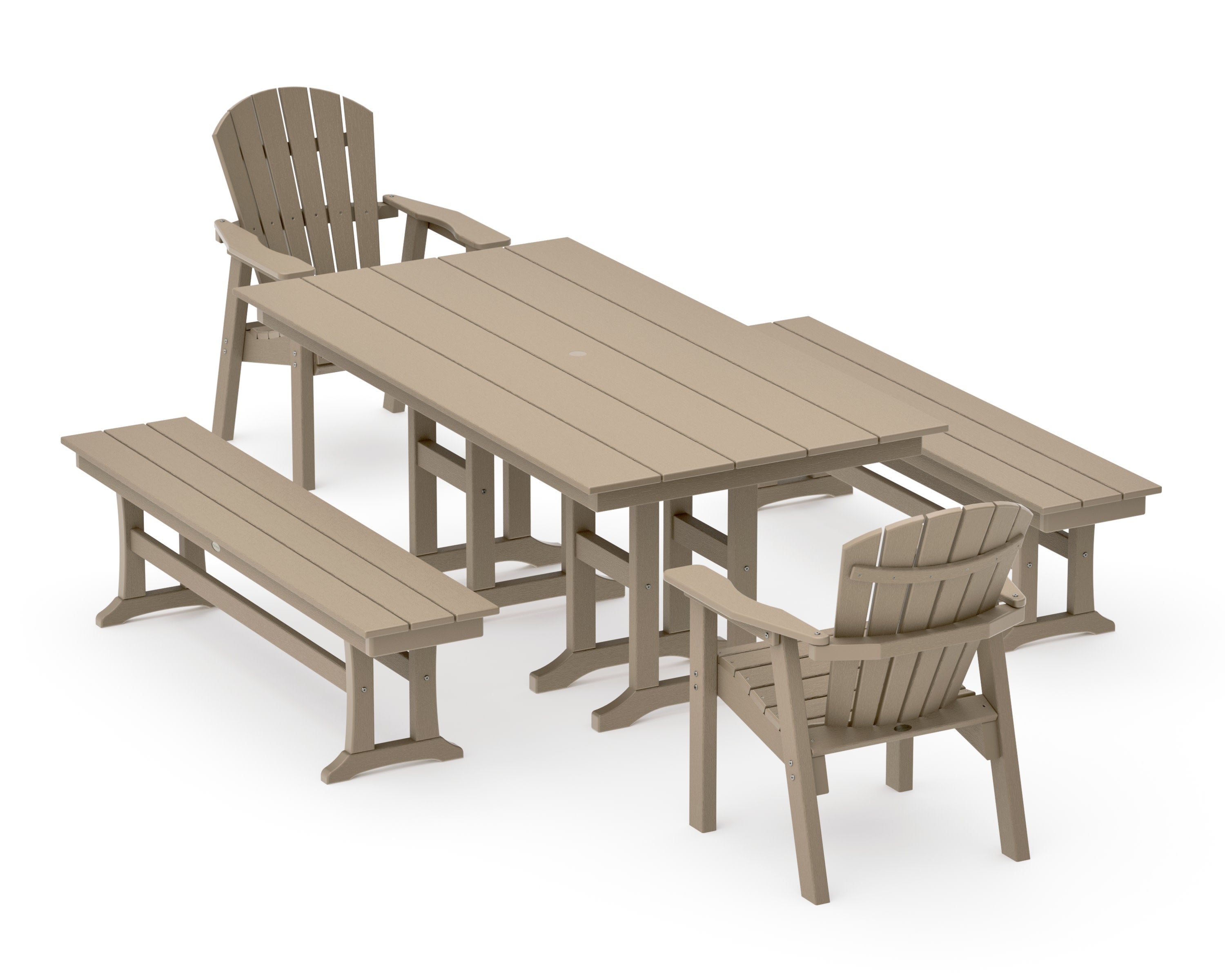 Seashell 5-Piece Farmhouse Dining Set with Benches in Vintage Sahara