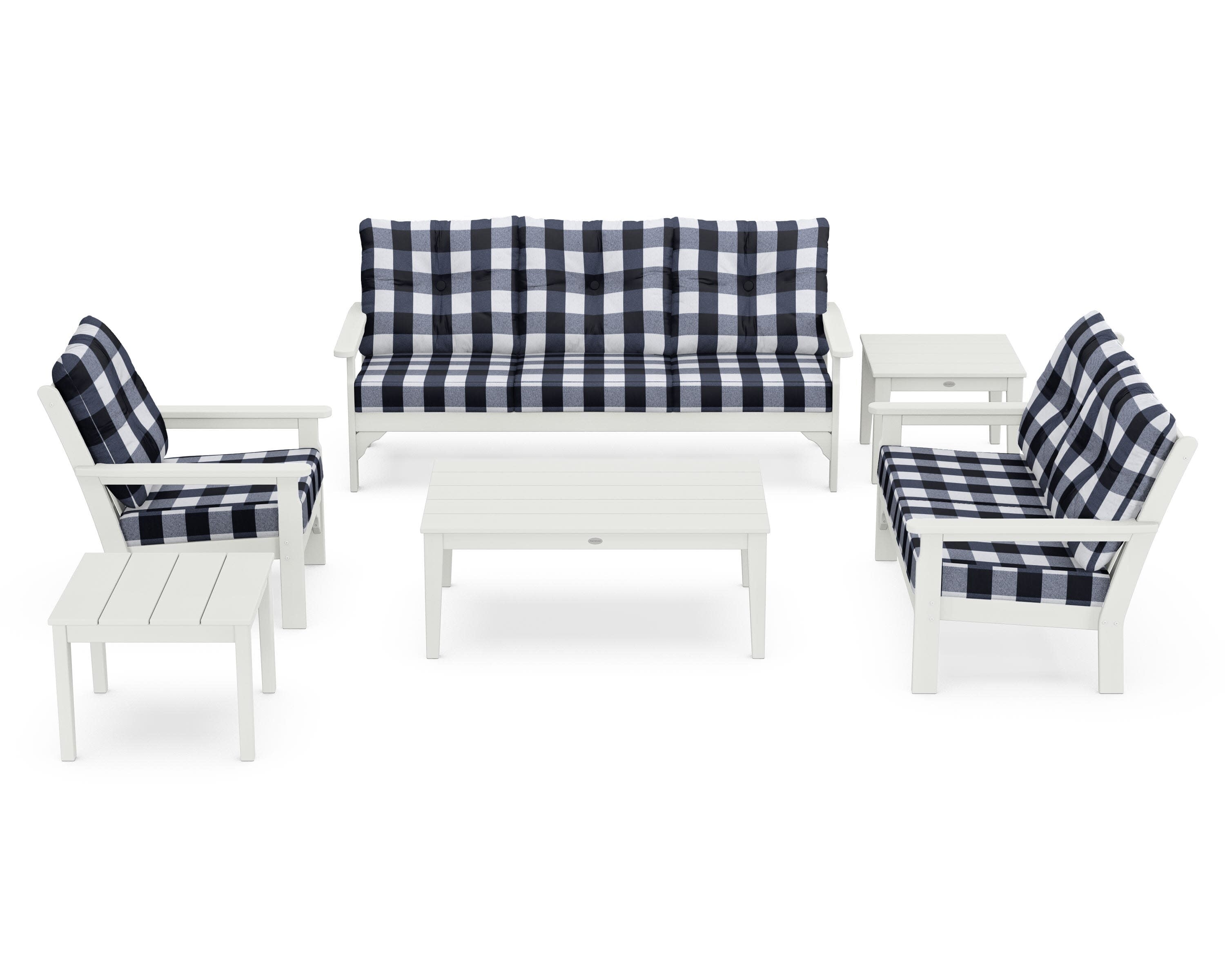 Vineyard 6-Piece Deep Seating Set in Vintage White / Buffalo Plaid Marine Indigo