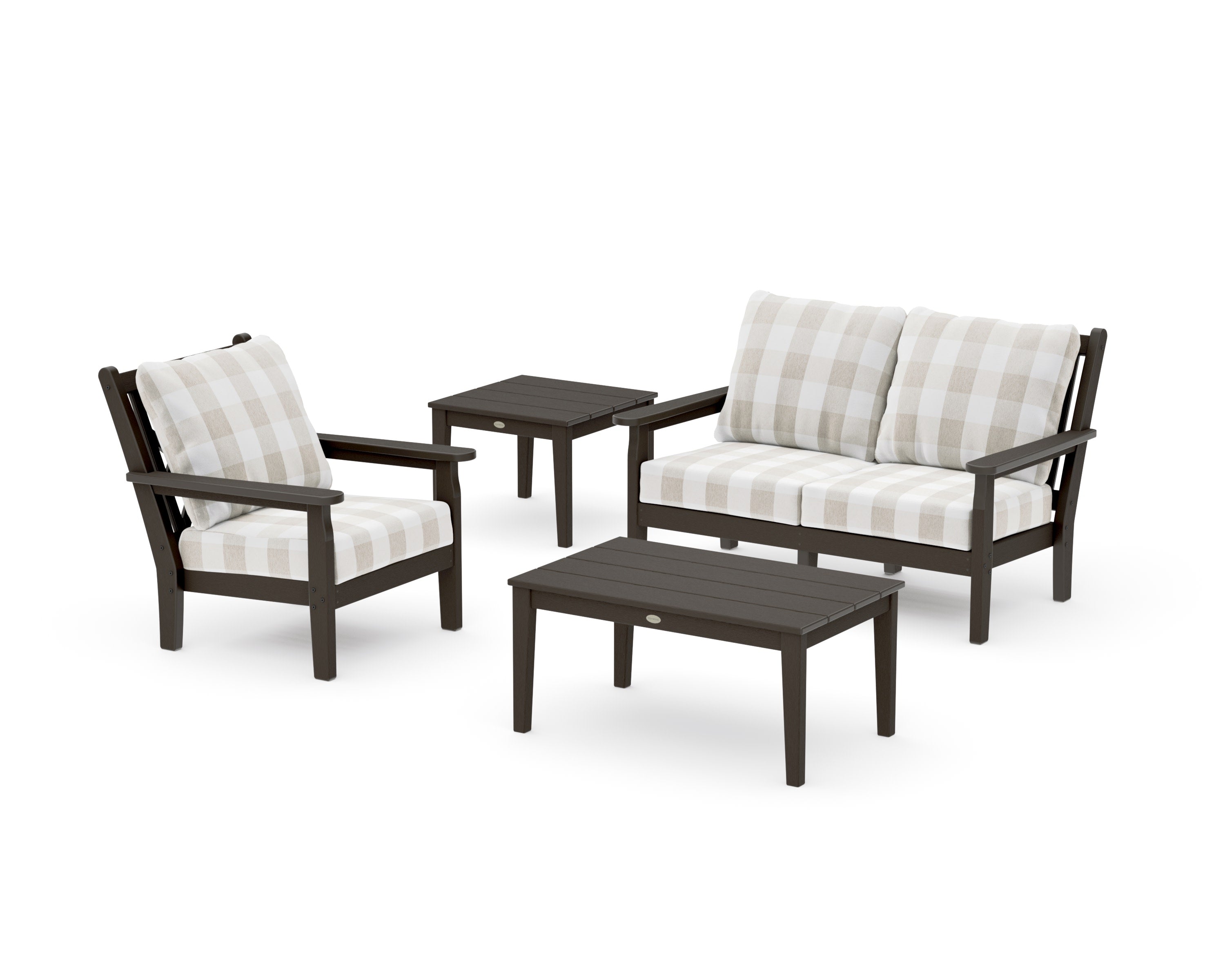 Chippendale 4-Piece Deep Seating Set in Vintage Coffee / Buffalo Plaid Dune Burlap