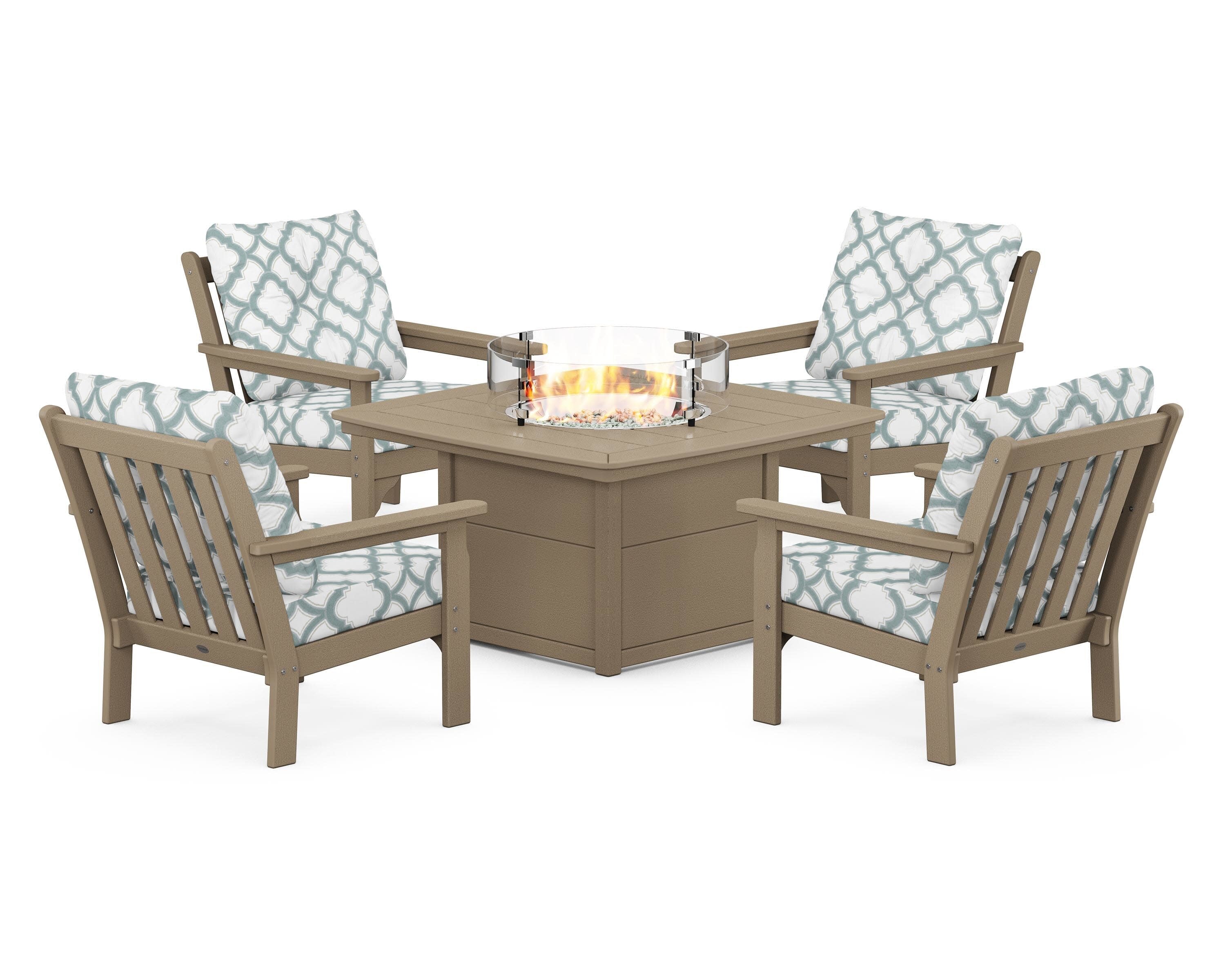 Vineyard 5-Piece Conversation Set with Fire Pit Table in Vintage Sahara / Trellis Glacier Spa