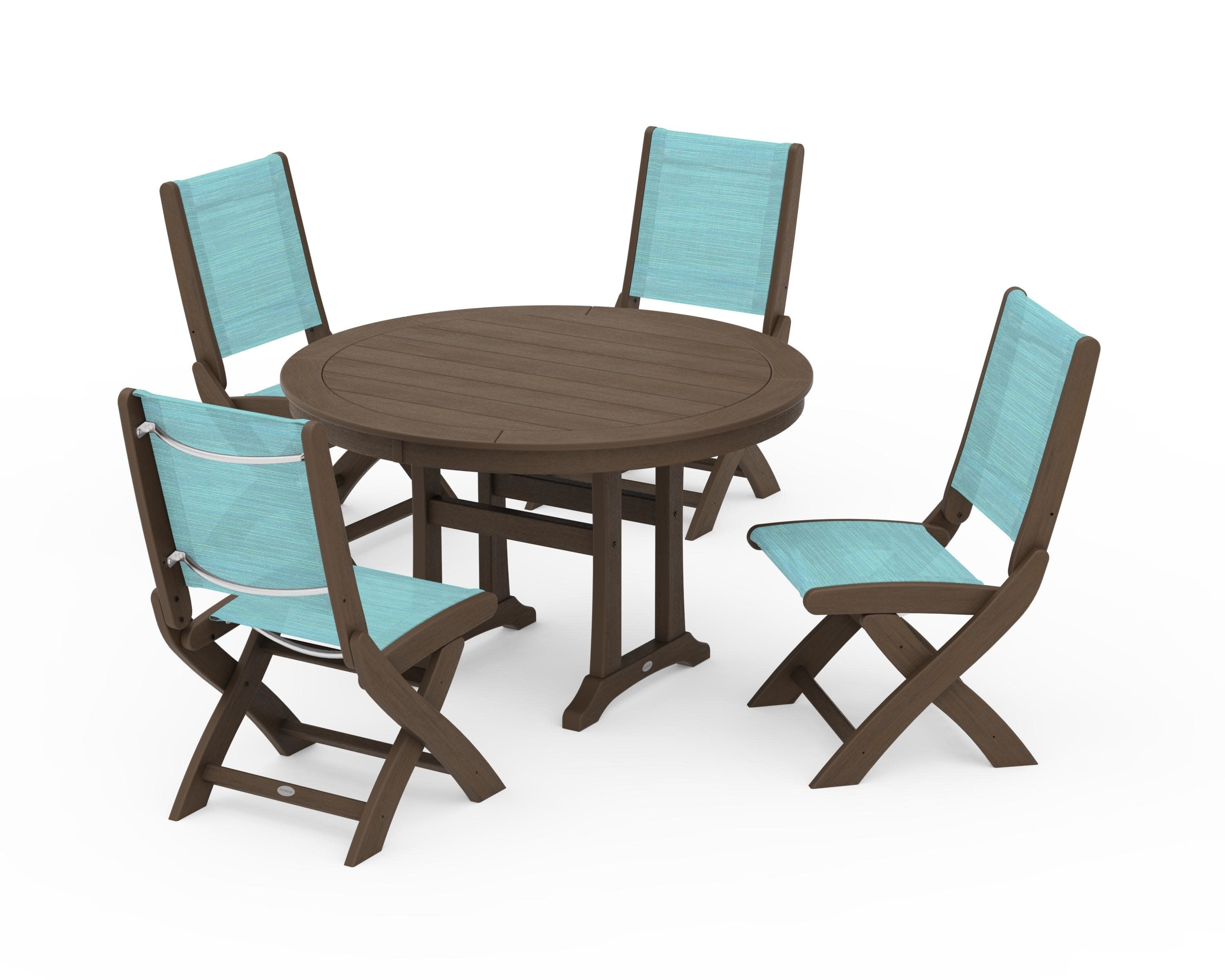 Coastal Folding Side Chair 5-Piece Round Dining Set With Trestle Legs in Kona / Dupioni Aquamarine Sling