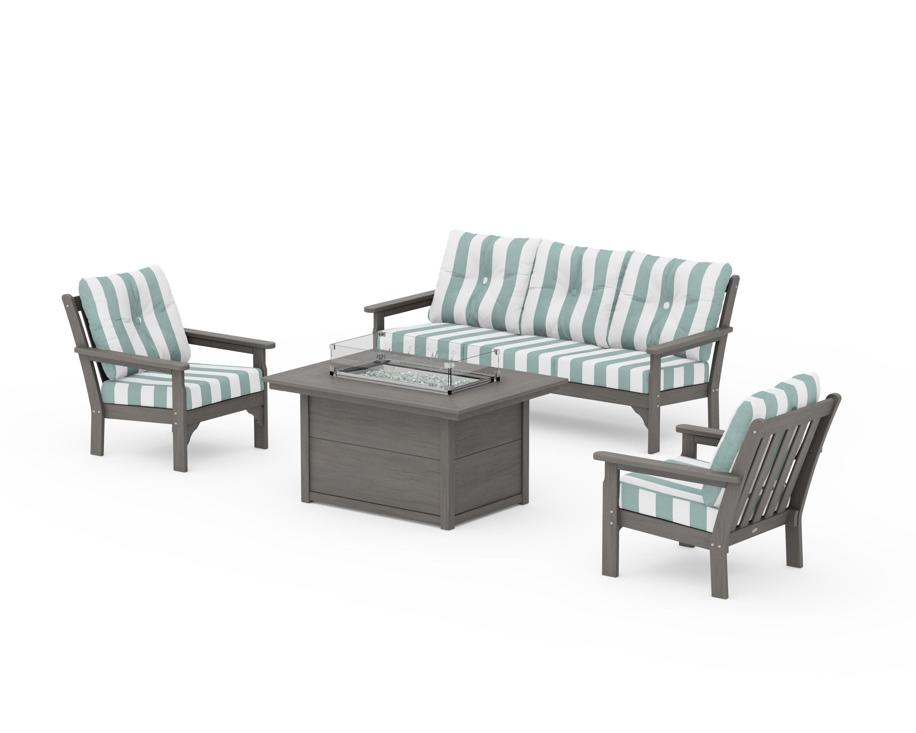 Vineyard Deep Seating Fire Pit Table Set in Driftwood / Cabana Stripe Glacier Spa