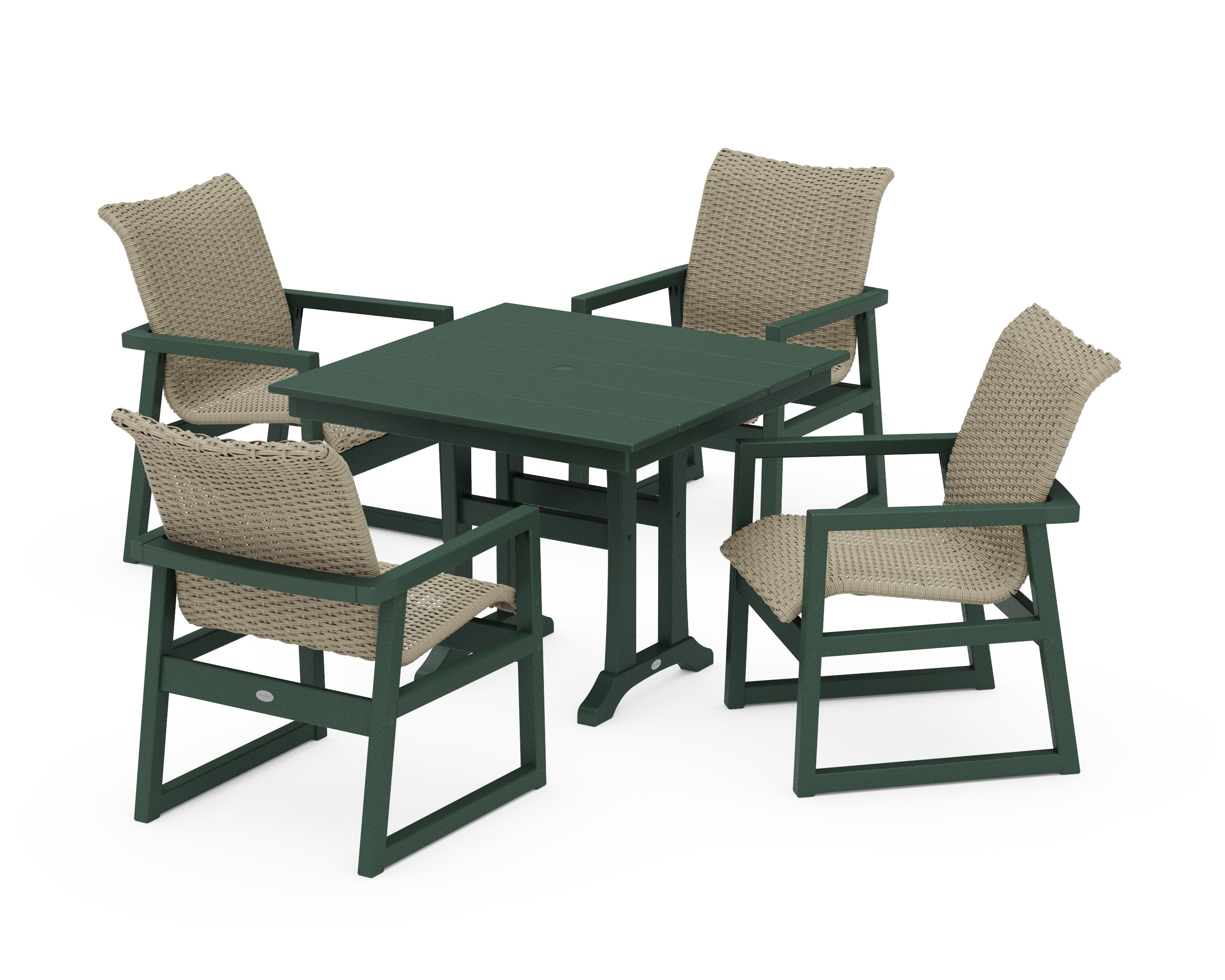 EDGE Woven 5-Piece Farmhouse Dining Set with Trestle Legs in Green / Dune Grass