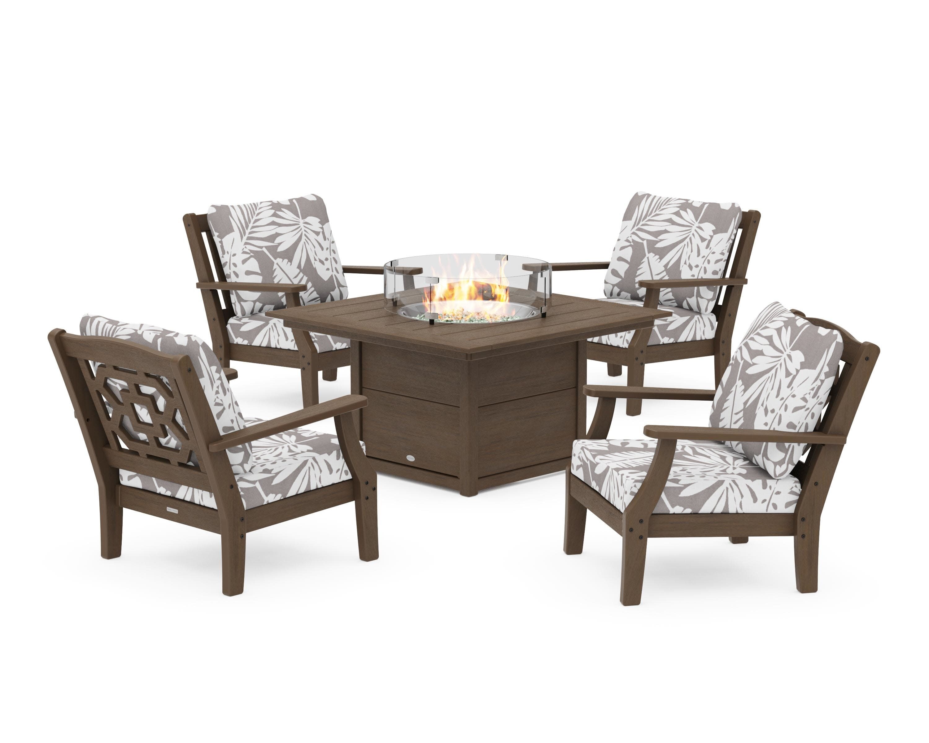 Chinoiserie 5-Piece Deep Seating Set with Fire Pit Table in Kona / Leaf Grey Mist