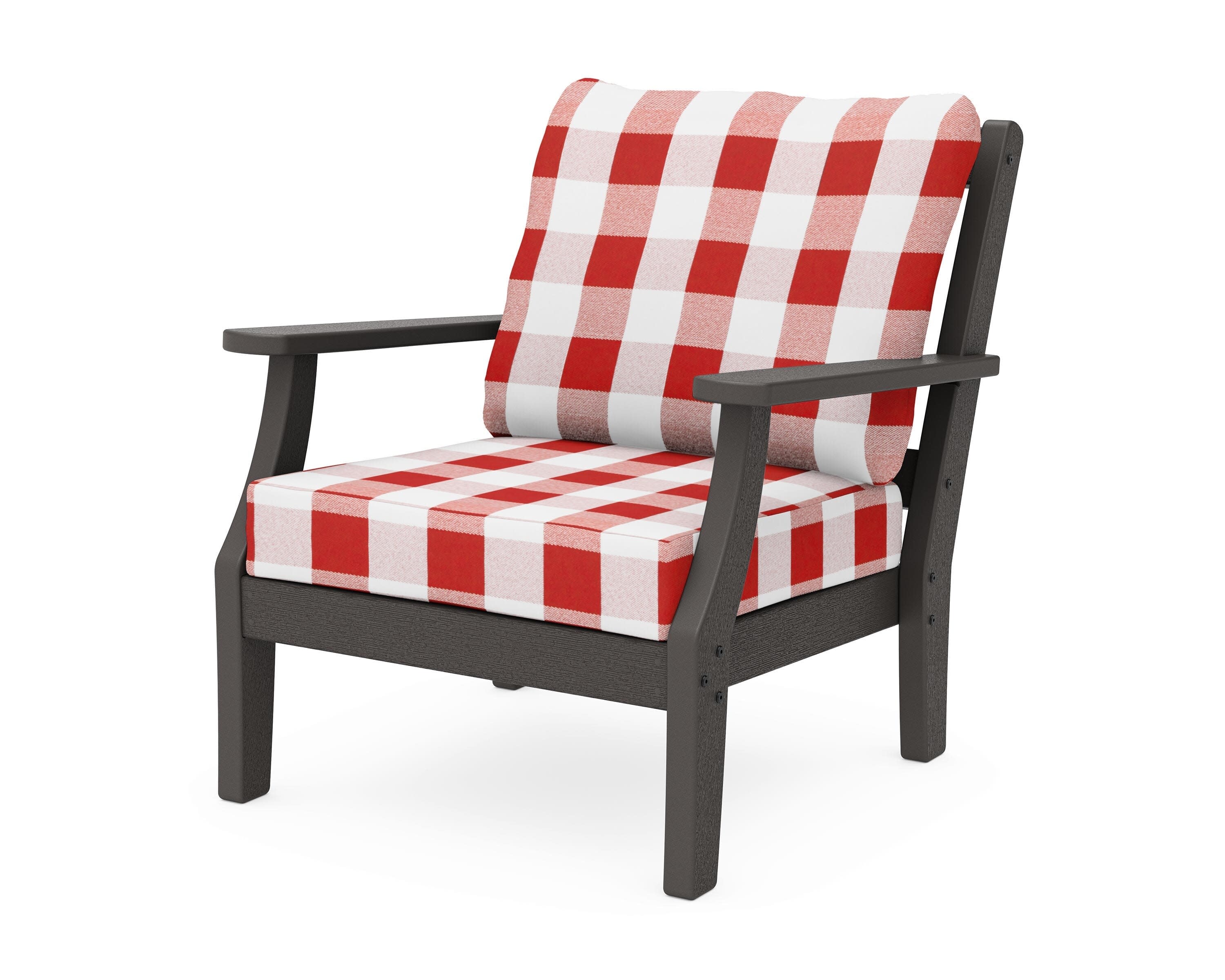 Chinoiserie Deep Seating Chair in Vintage Coffee / Buffalo Plaid Crimson