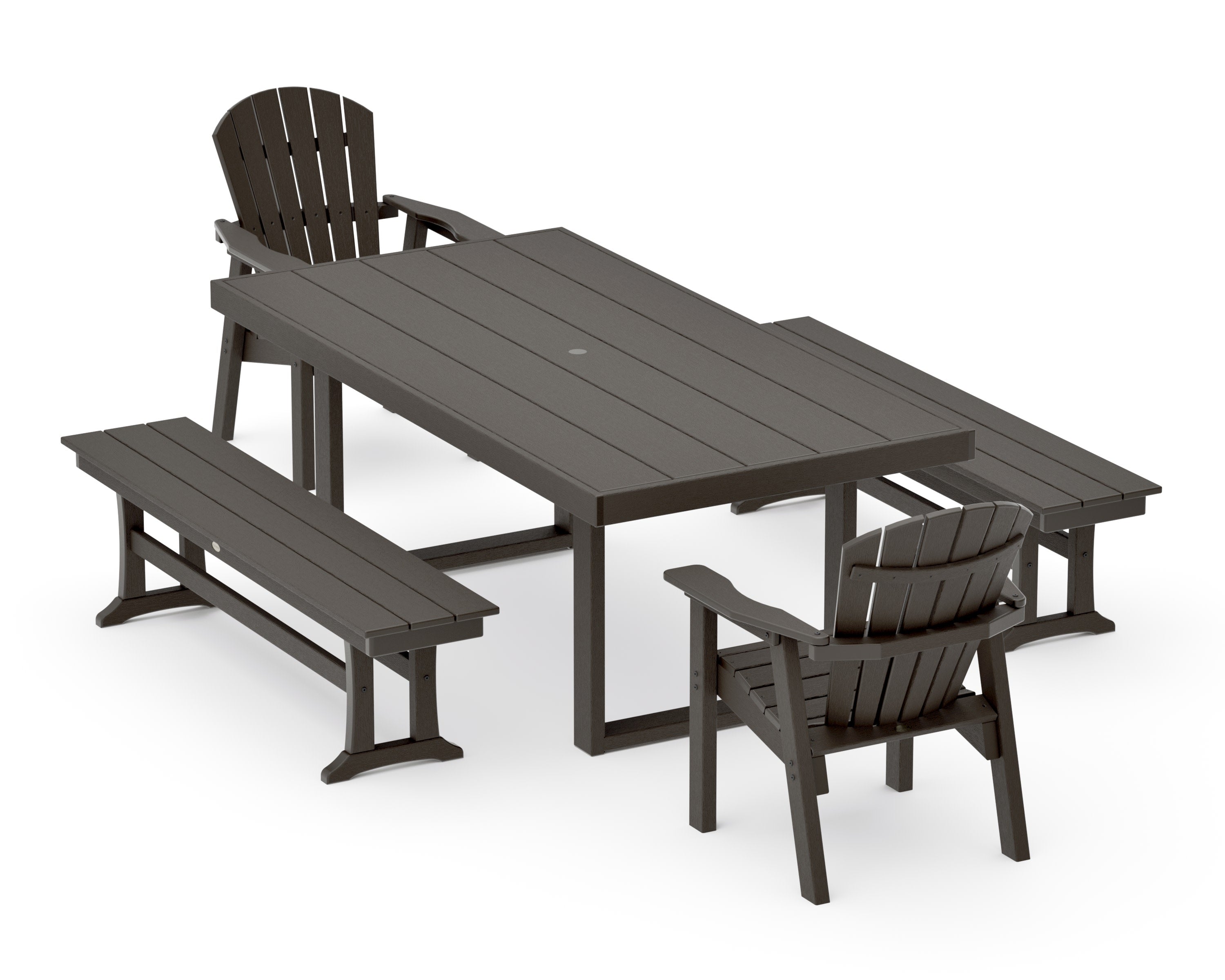 Seashell 5-Piece Dining Set with Benches in Vintage Coffee