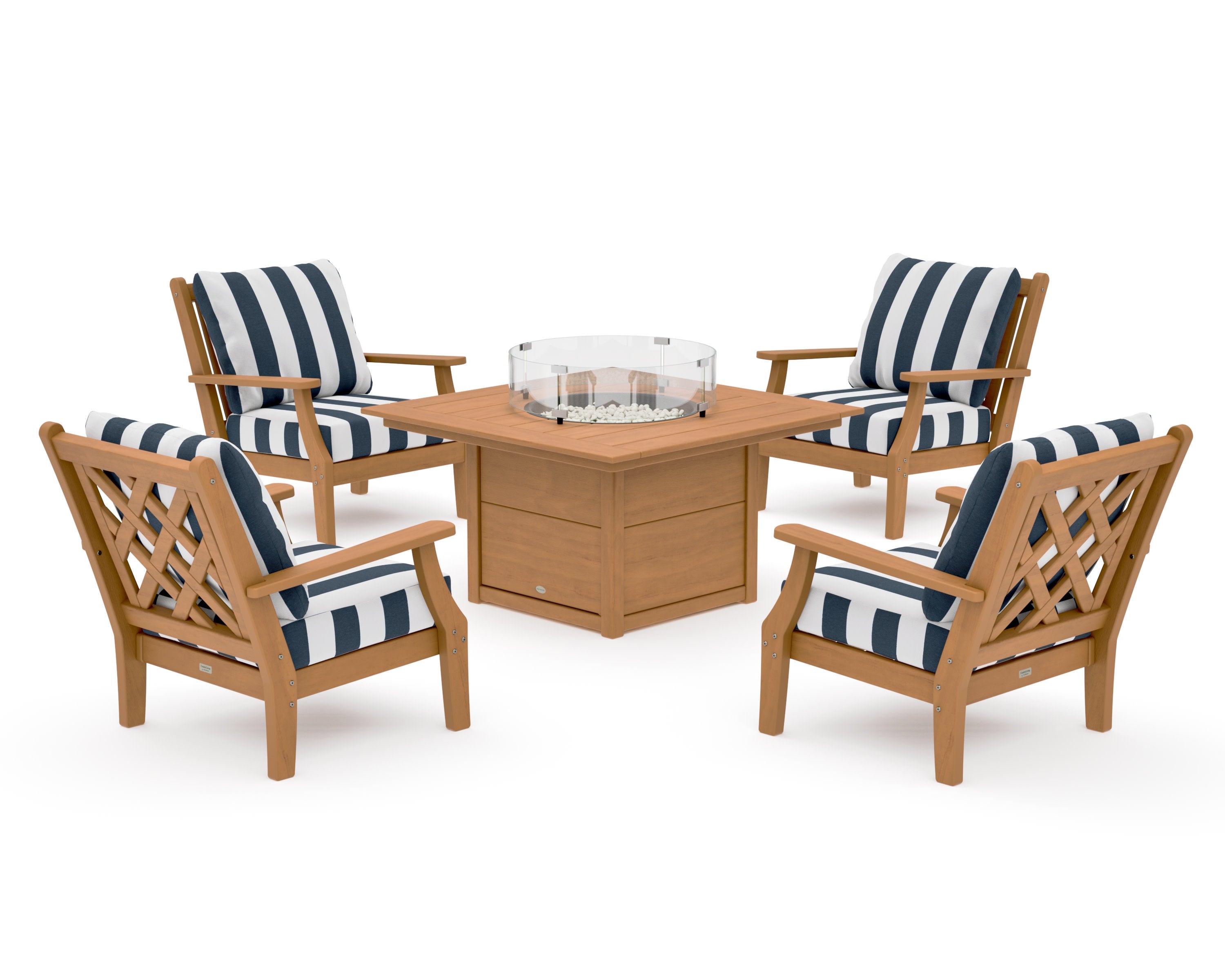 Wovendale 5-Piece Deep Seating Set with Fire Pit Table in Natural / Cabana Stripe Marine Indigo