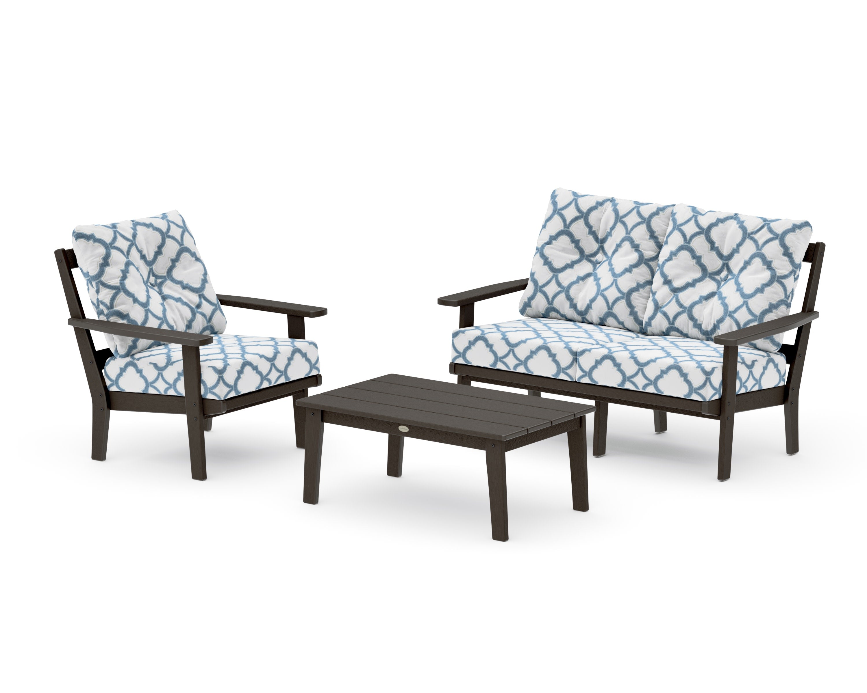 Prairie 3-Piece Deep Seating Set with Loveseat in Vintage Coffee / Trellis Sky Blue