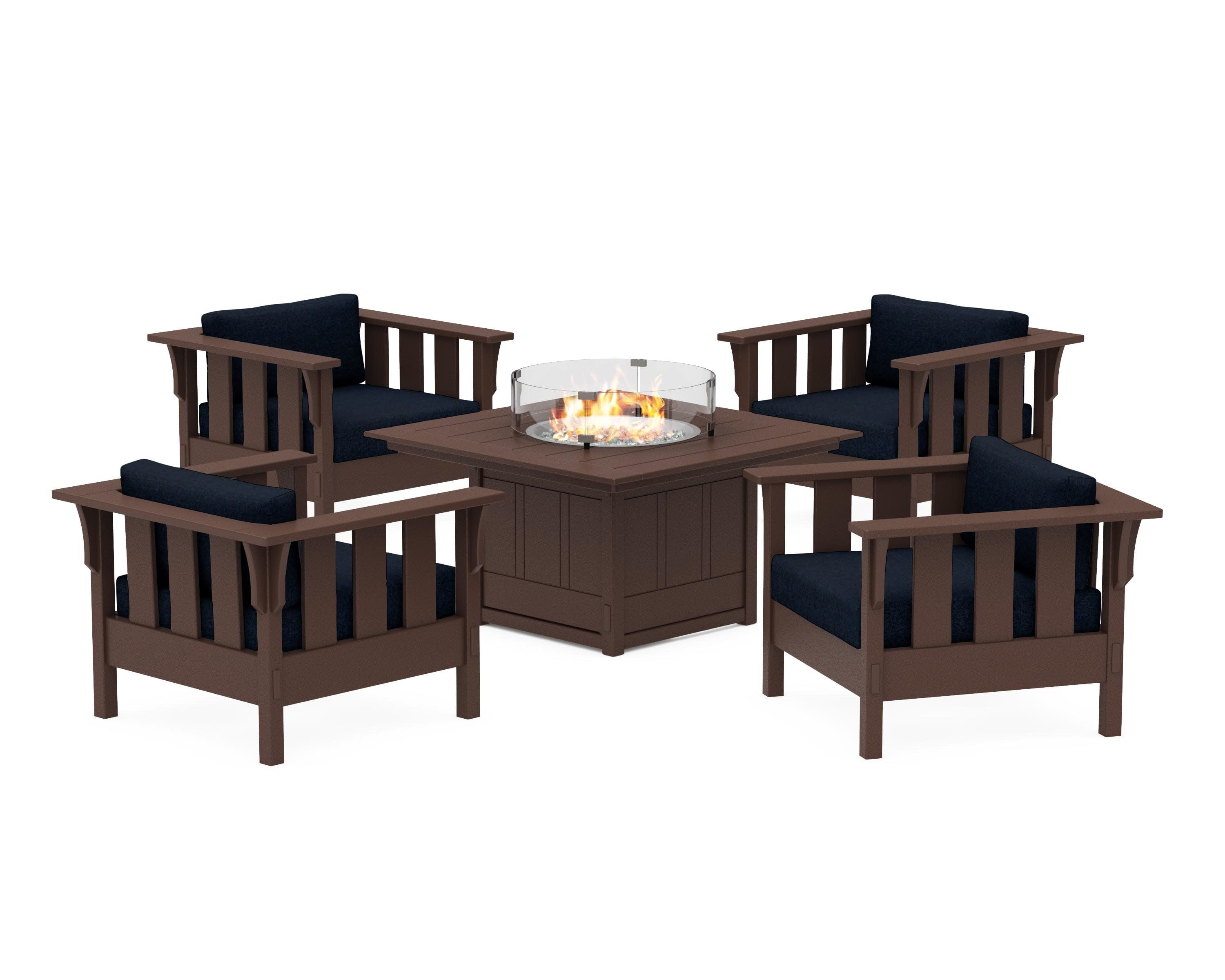 Acadia 5-Piece Deep Seating Set with Fire Pit Table in Mahogany / Marine Indigo