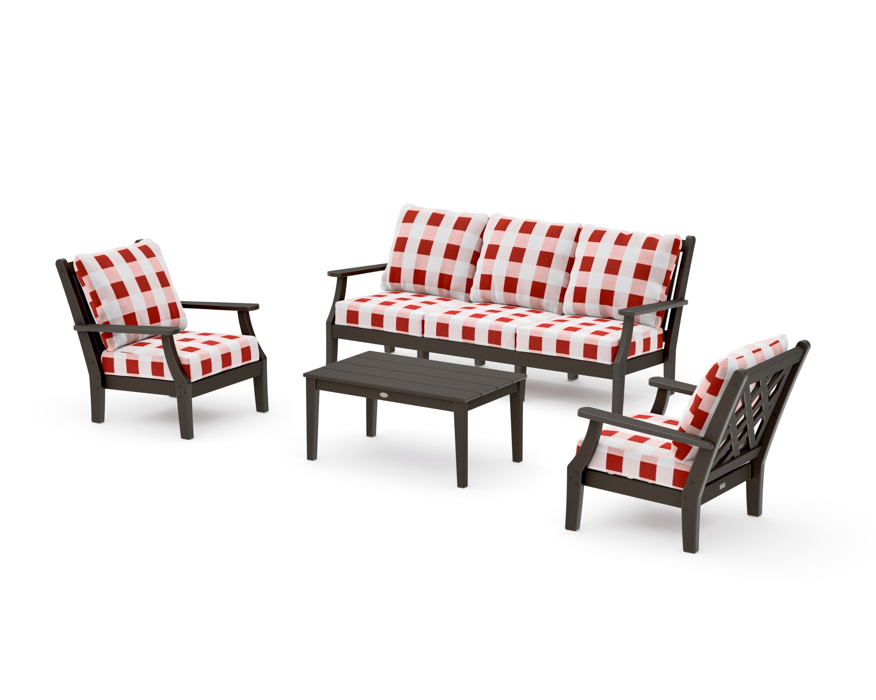 Wovendale 4-Piece Deep Seating Set with Sofa in Vintage Coffee / Buffalo Plaid Crimson