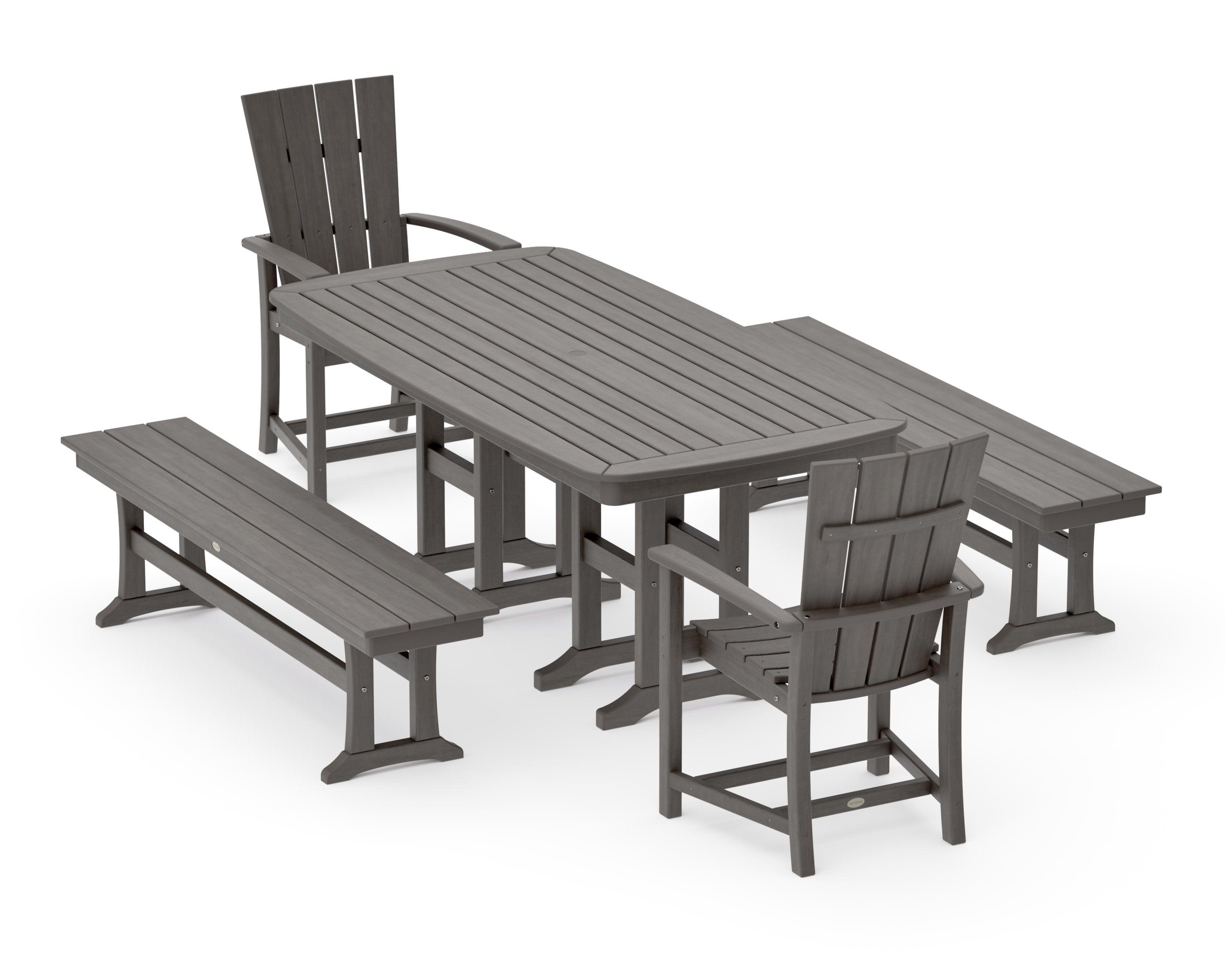 Quattro 5-Piece Farmhouse Dining Set with Benches in Driftwood