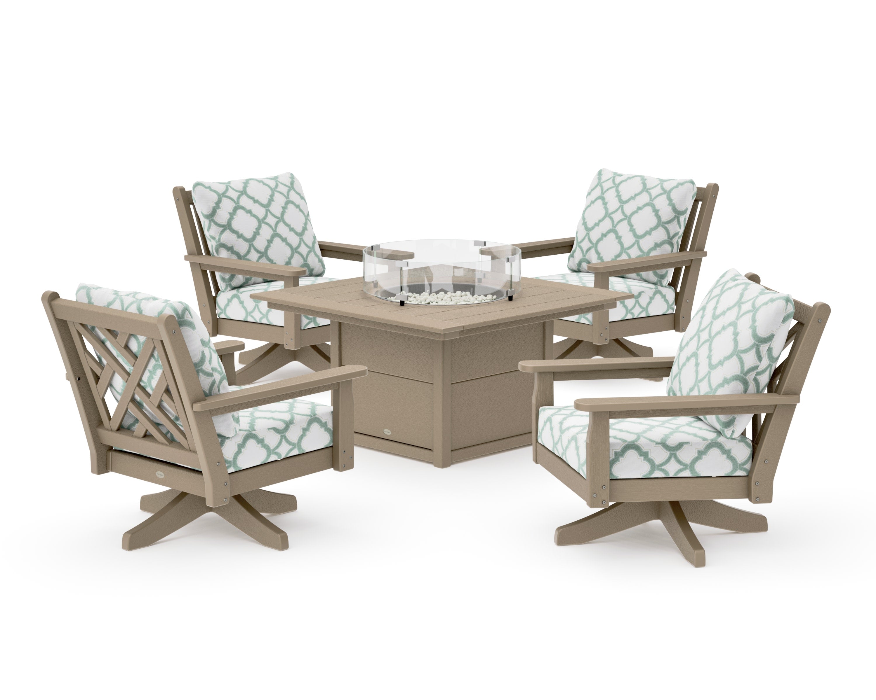 Chippendale 5-Piece Deep Seating Swivel Conversation Set with Fire Pit Table in Vintage Sahara / Trellis Glacier Spa