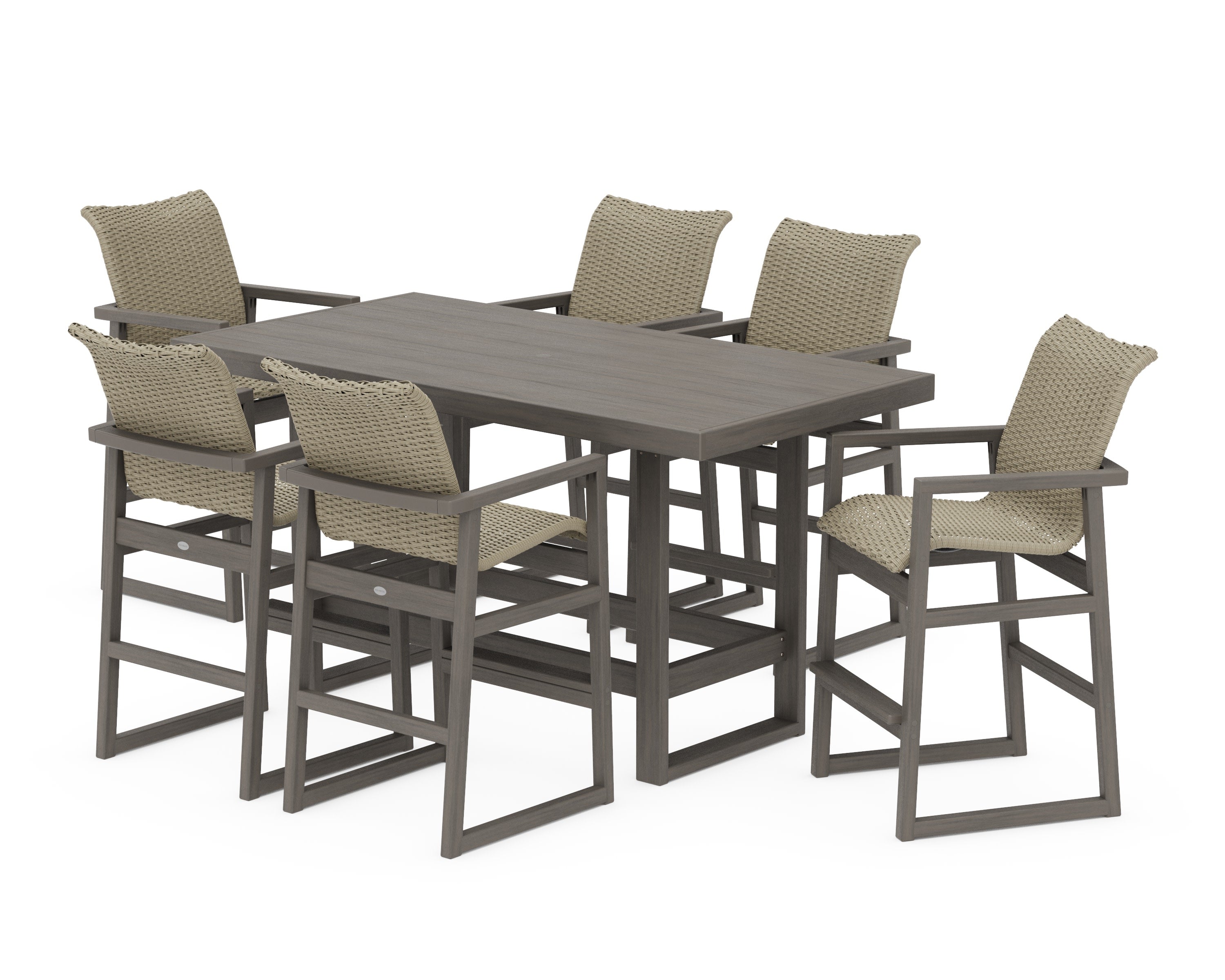 EDGE Woven Arm Chair 7-Piece Bar Set in Driftwood / Dune Grass