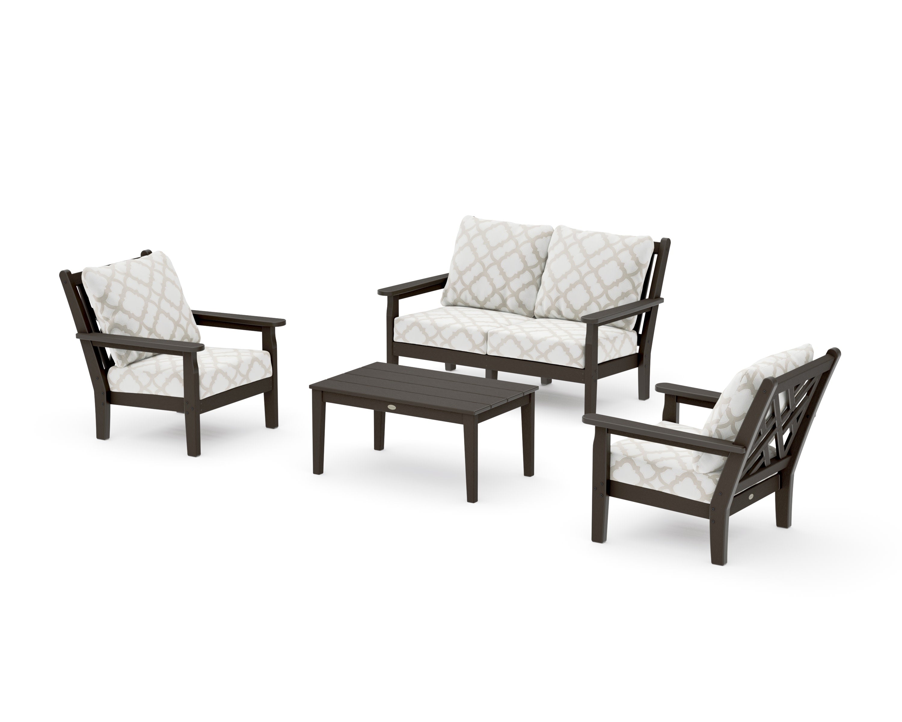 Chippendale 4-Piece Deep Seating Set with Loveseat in Vintage Coffee / Trellis Dune Burlap