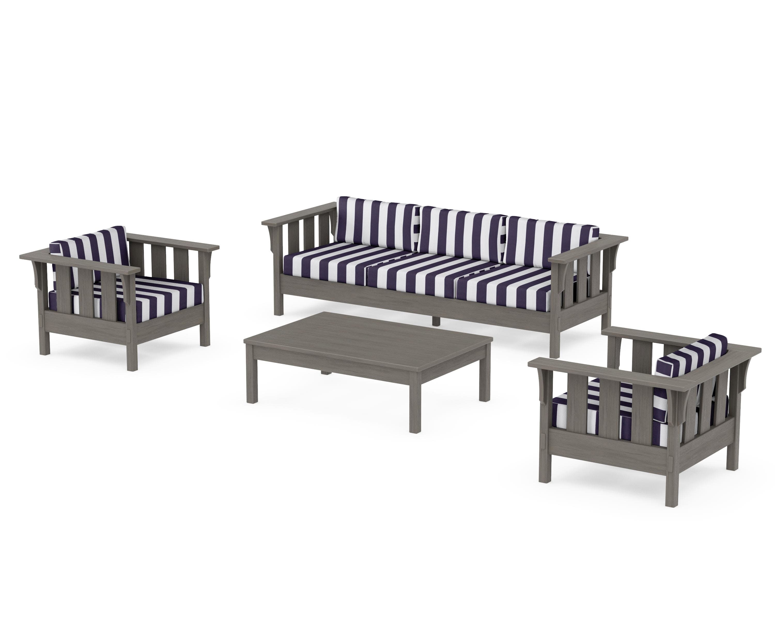 Acadia 4-Piece Deep Seating Set with Sofa in Driftwood / Cabana Stripe Navy