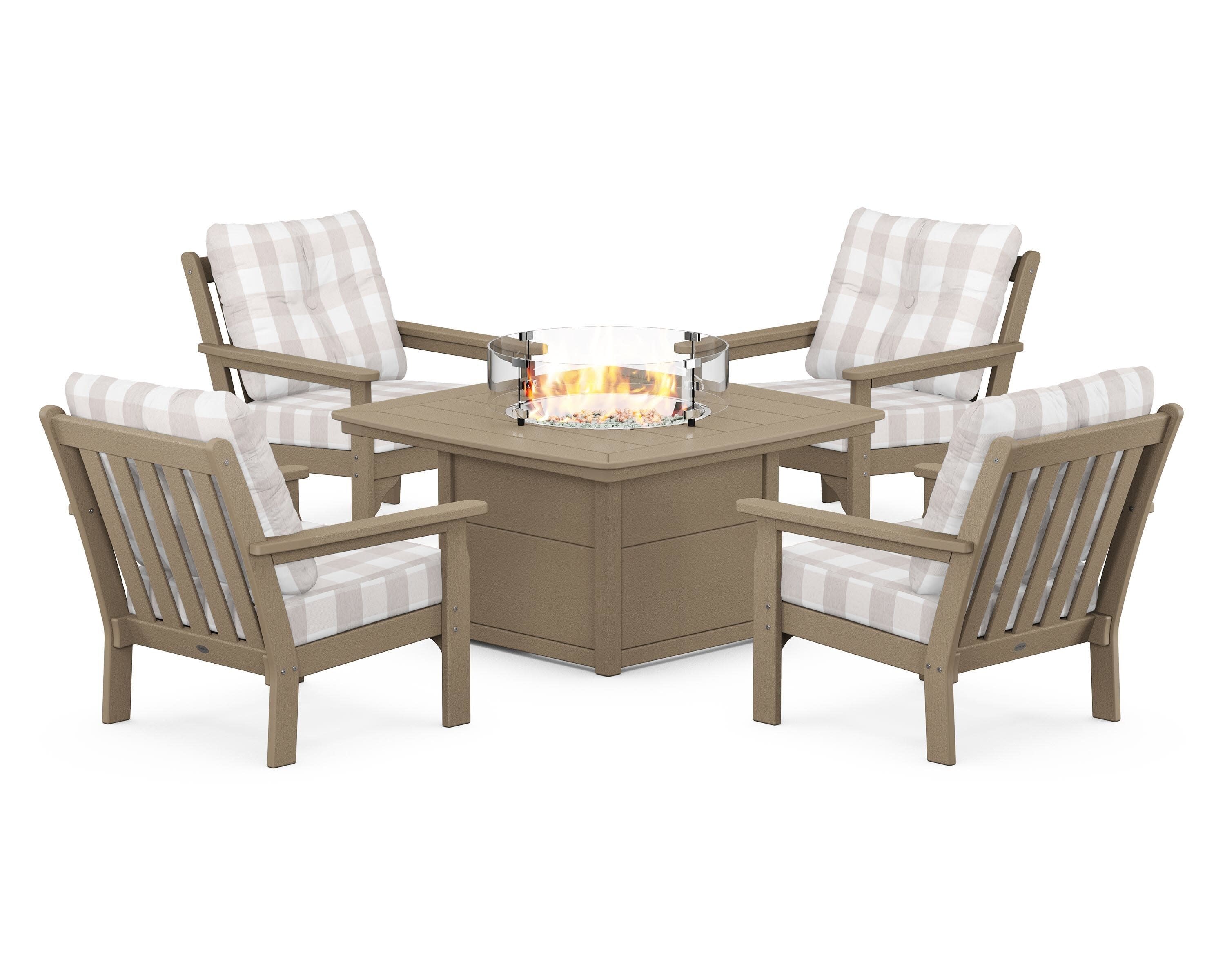 Vineyard 5-Piece Conversation Set with Fire Pit Table in Vintage Sahara / Buffalo Plaid Dune Burlap