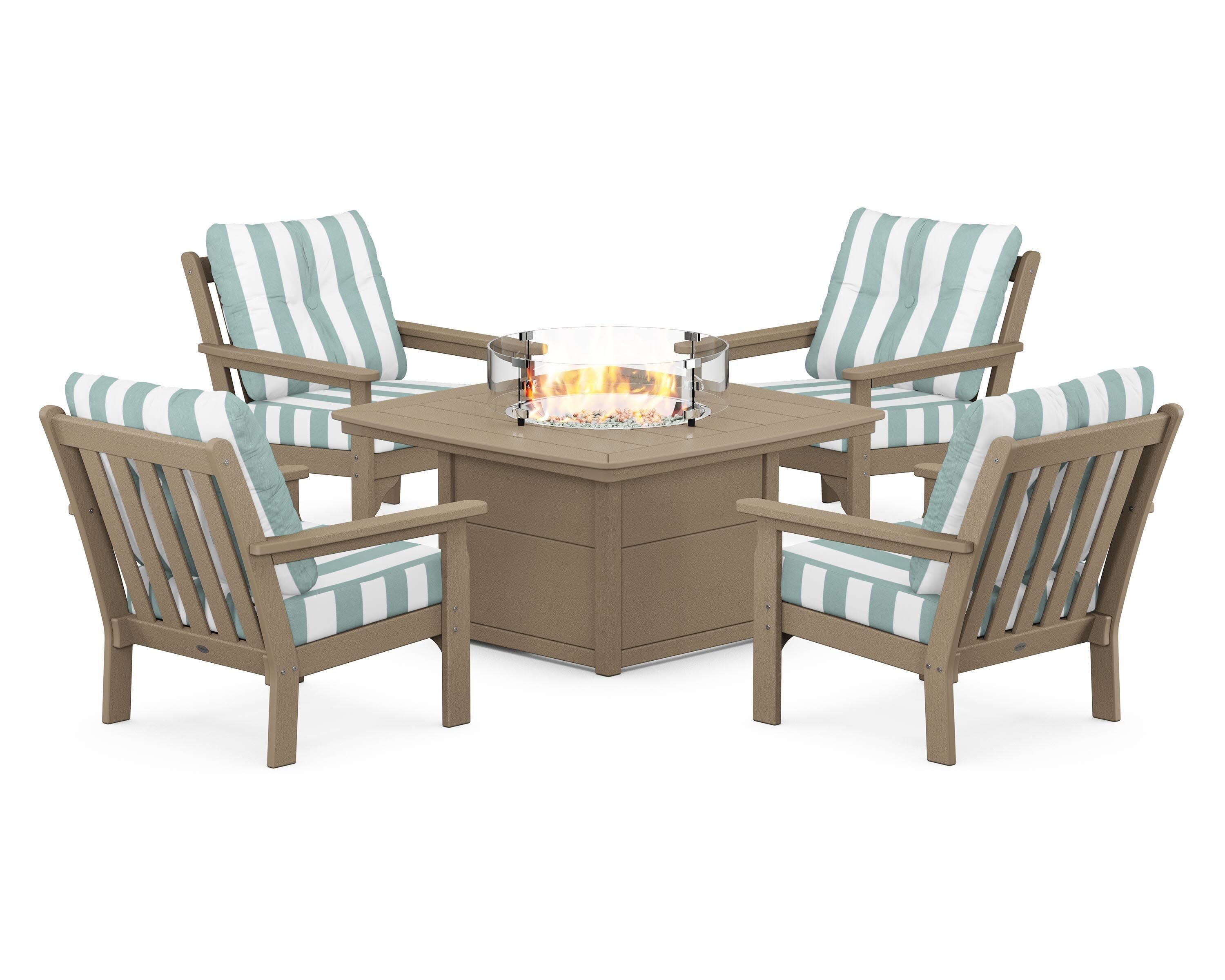 Vineyard 5-Piece Conversation Set with Fire Pit Table in Vintage Sahara / Cabana Stripe Glacier Spa