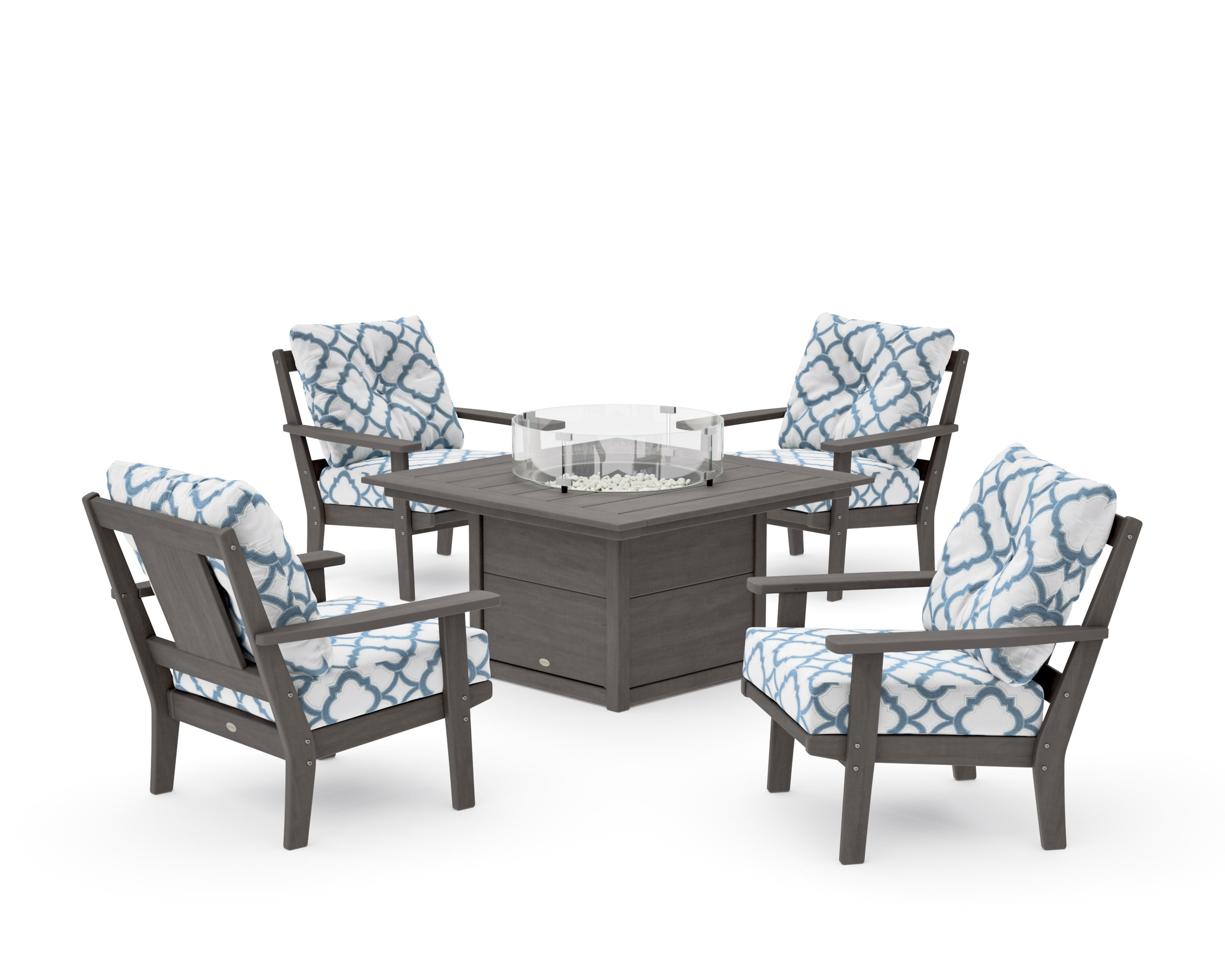 Prairie 5-Piece Deep Seating Set with Fire Pit Table in Driftwood / Trellis Sky Blue