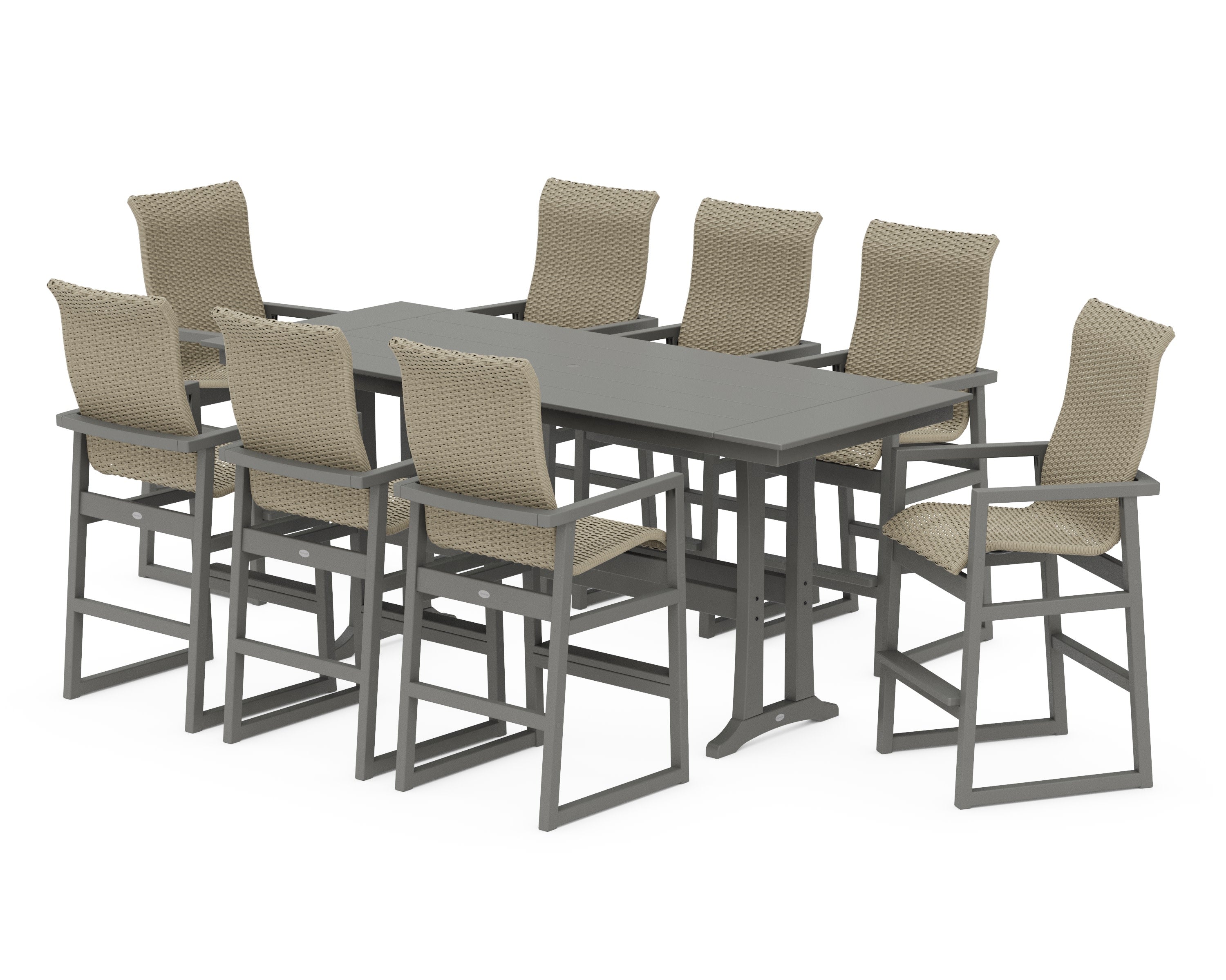 EDGE Woven Highback 9-Piece Farmhouse Bar Set with Trestle Legs in Slate Grey / Dune Grass