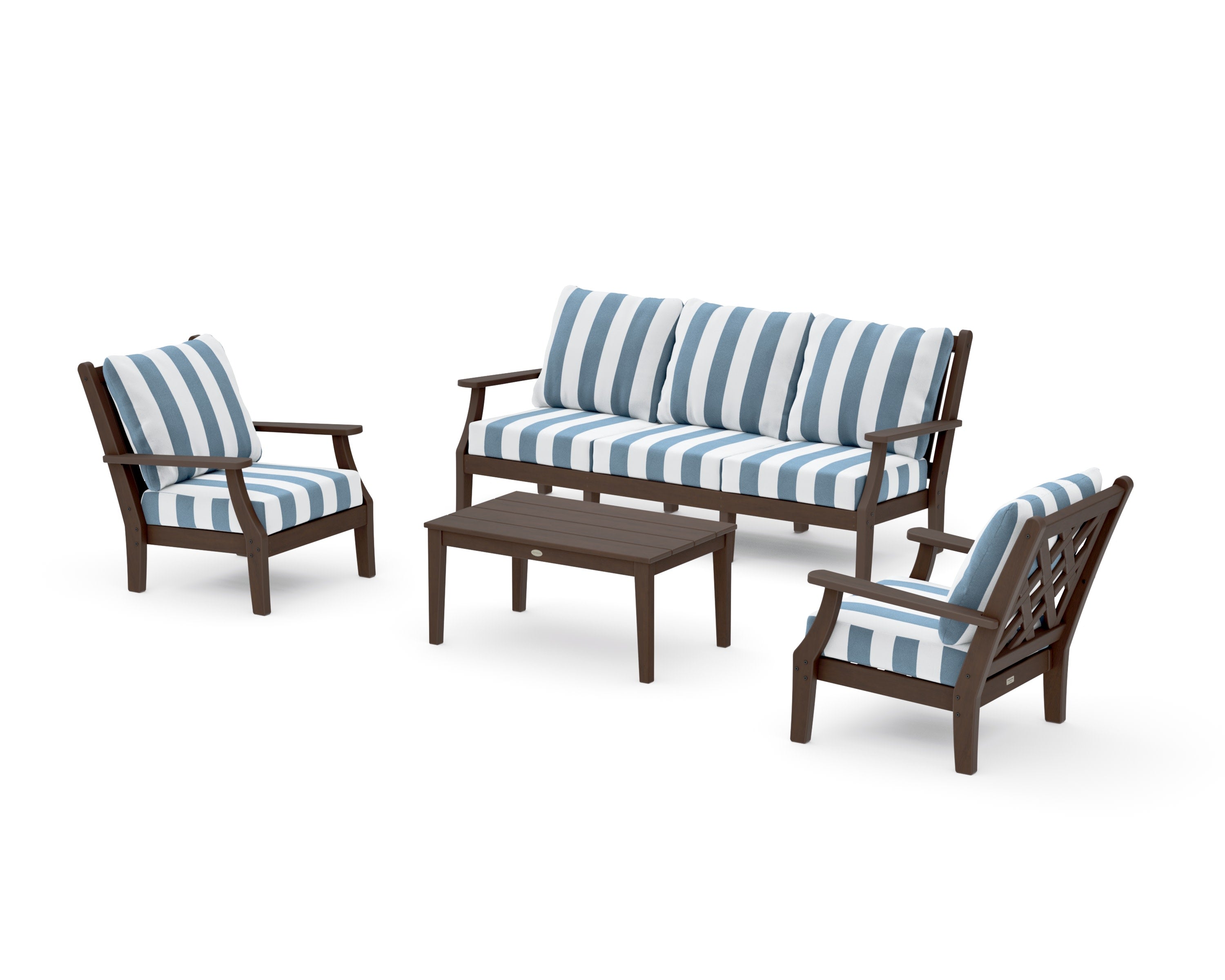 Wovendale 4-Piece Deep Seating Set with Sofa in Kona / Cabana Stripe Sky Blue