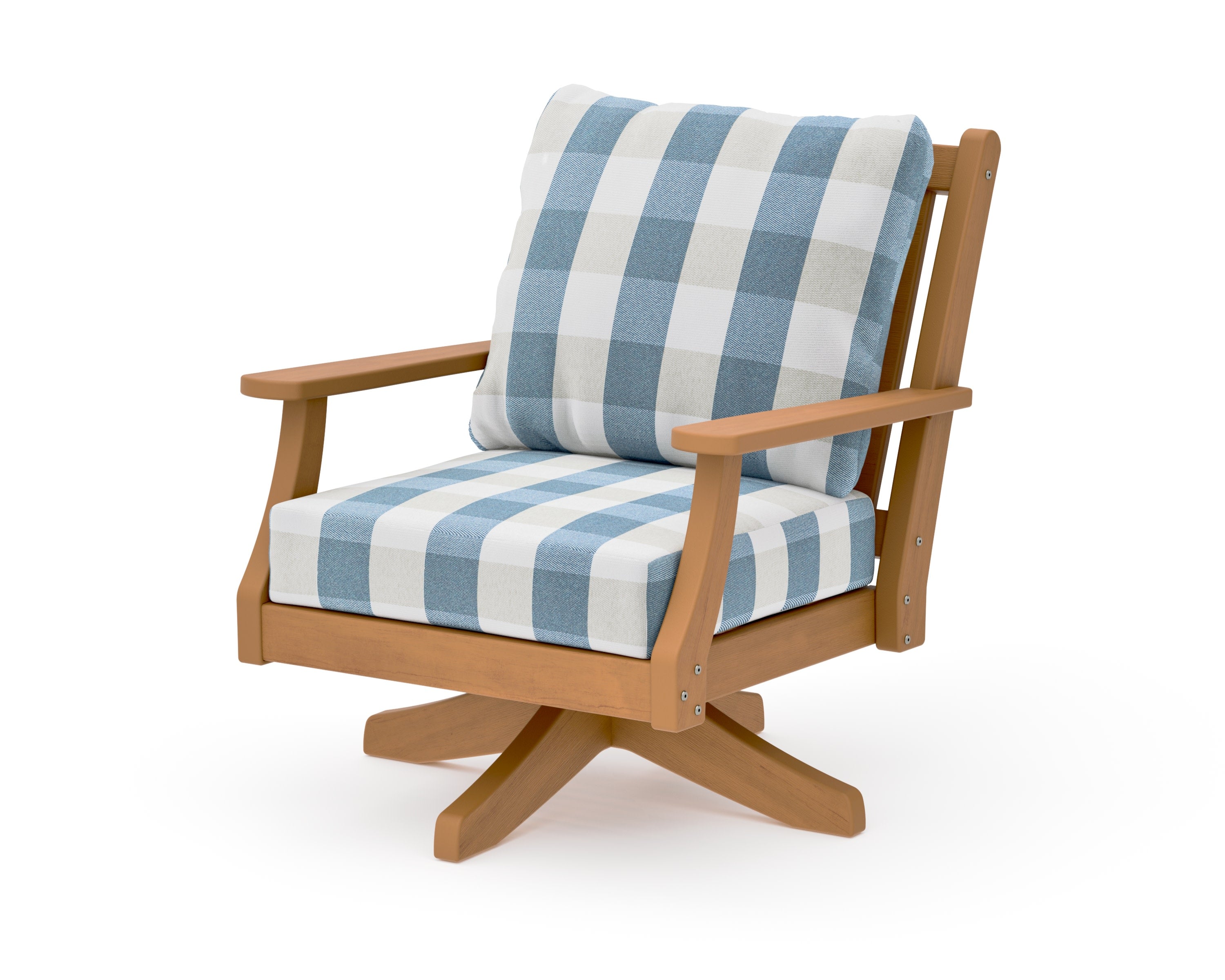 Wovendale Deep Seating Swivel Chair in Natural / Buffalo Plaid Sky Blue