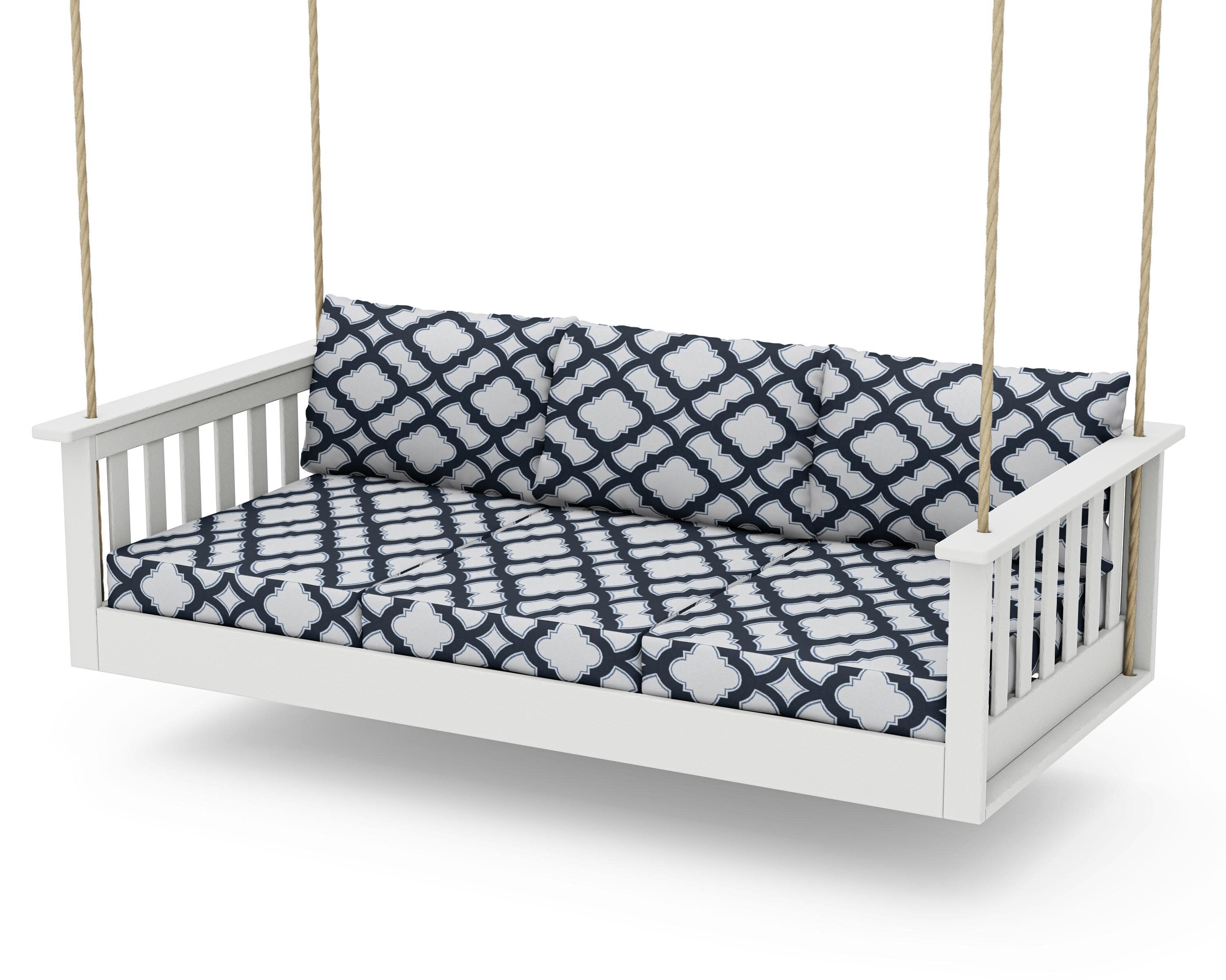 Vineyard Daybed Swing in Vintage White / Trellis Marine Indigo