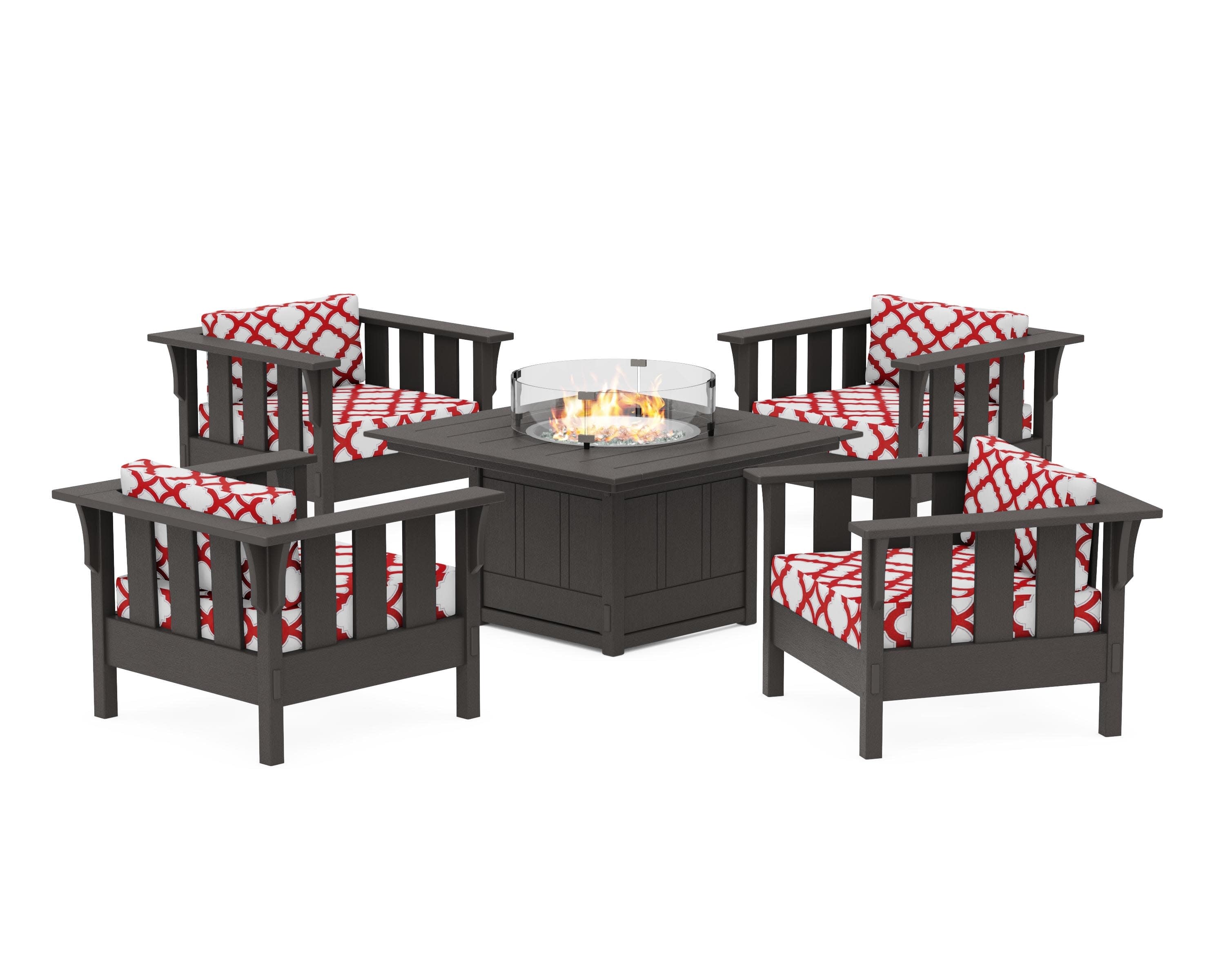 Acadia 5-Piece Deep Seating Set with Fire Pit Table in Vintage Coffee / Trellis Crimson
