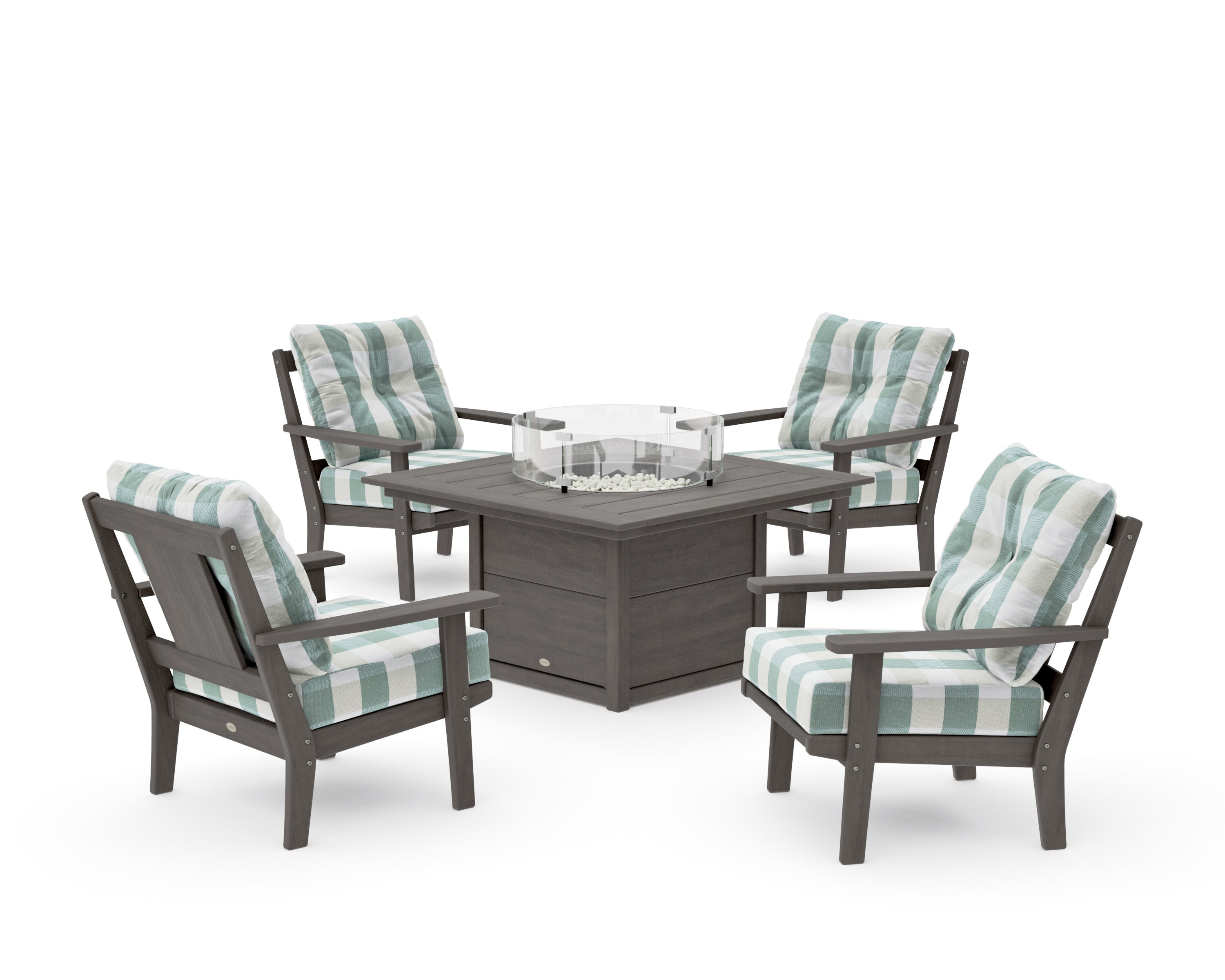Prairie 5-Piece Deep Seating Set with Fire Pit Table in Driftwood / Buffalo Plaid Glacier Spa