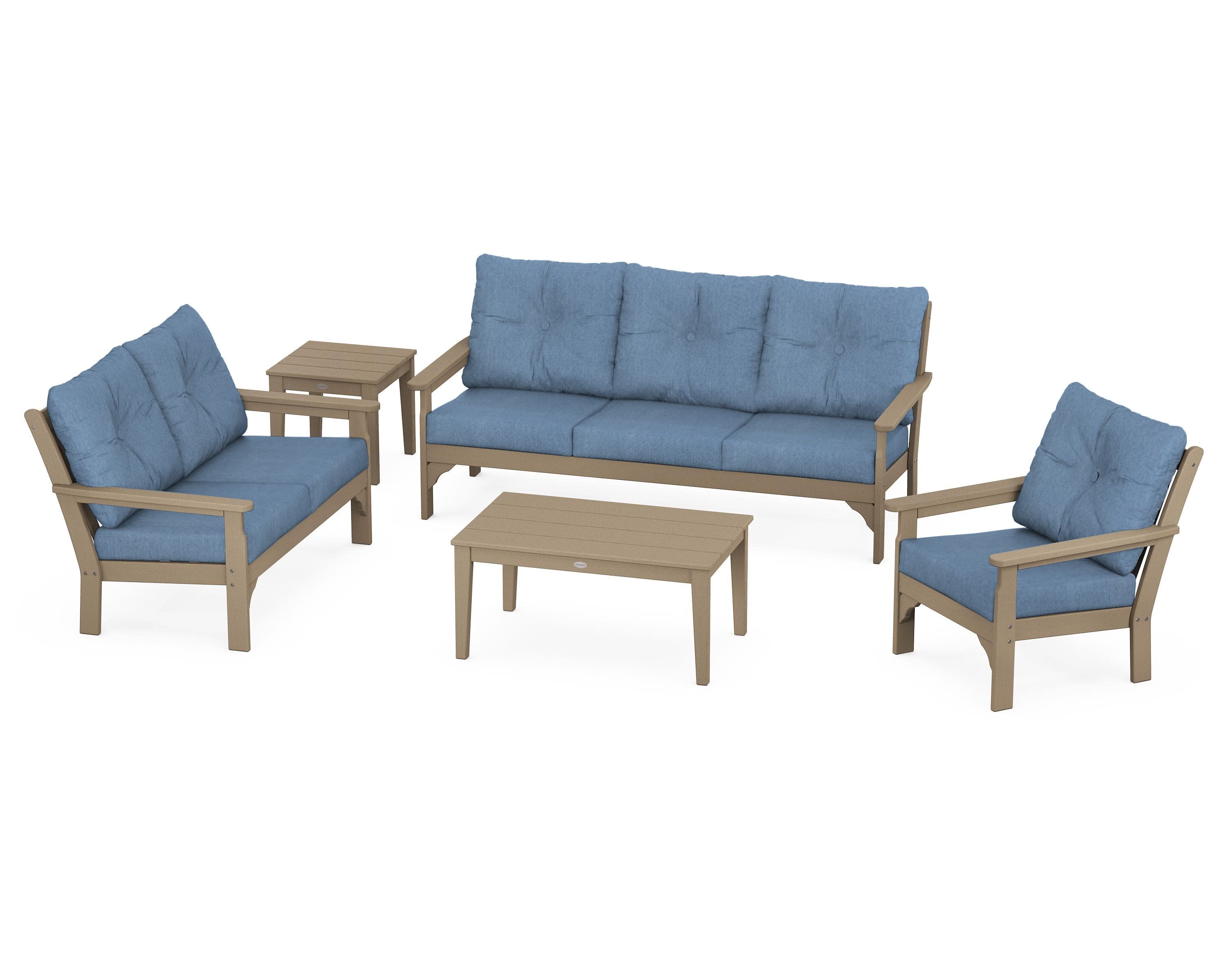 Vineyard 5 Piece Deep Seating Set in Vintage Sahara / Sky Blue