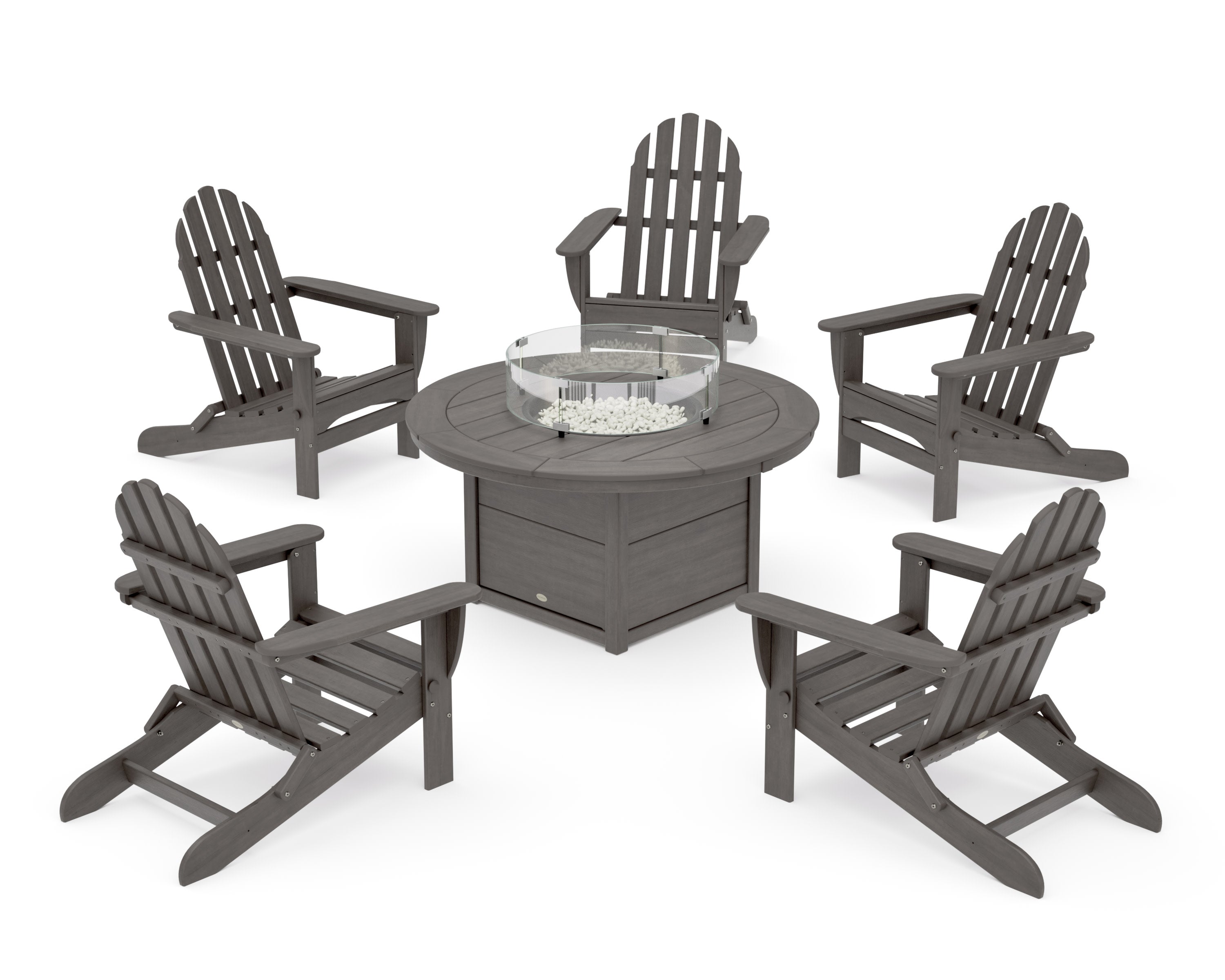 Classic Folding Adirondack 6-Piece Conversation Set with Fire Pit Table in Driftwood