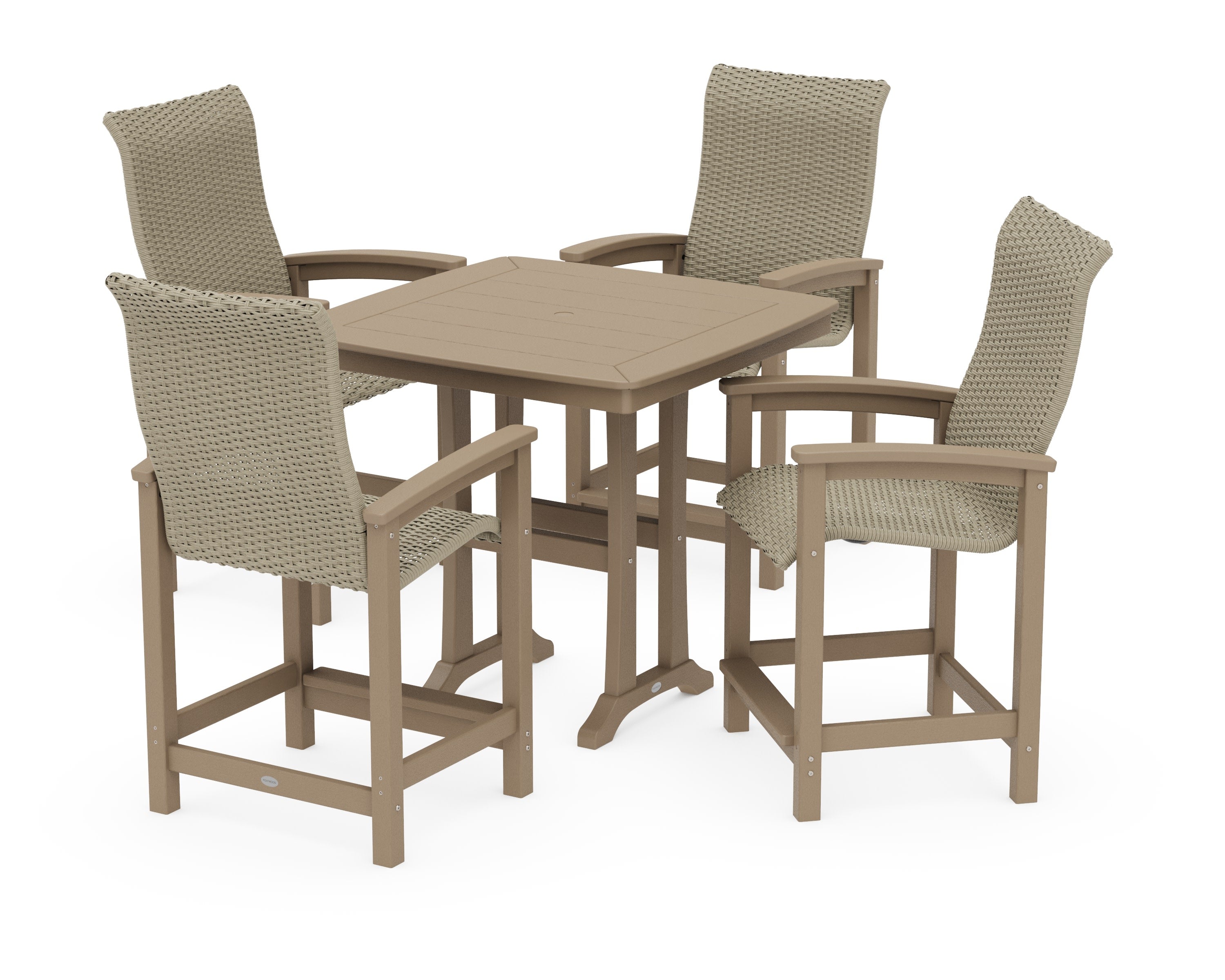 Coastal Woven High-Back 5-Piece Counter Set with Trestle Legs in Vintage Sahara / Dune Grass