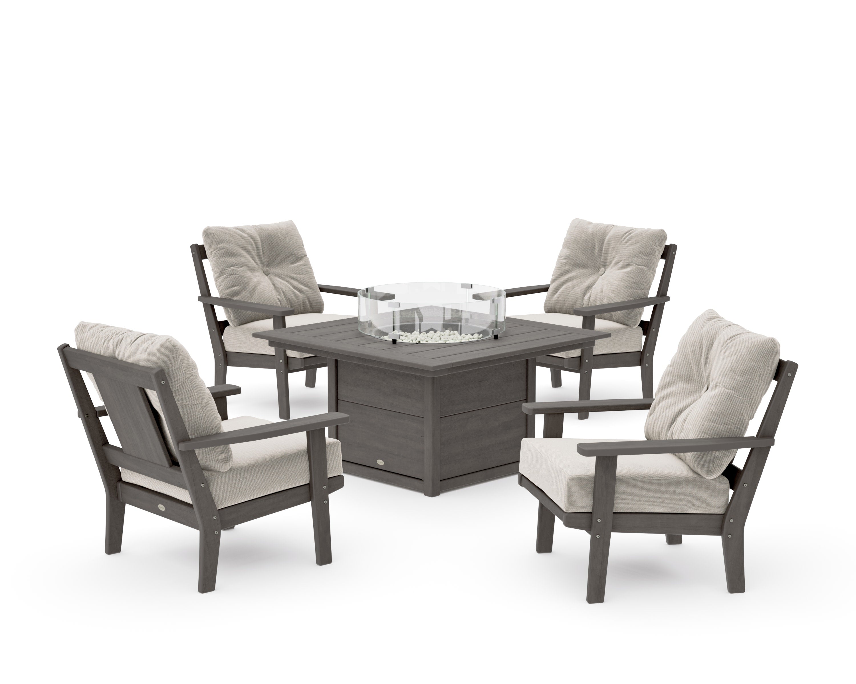 Prairie 5-Piece Deep Seating Set with Fire Pit Table in Driftwood / Dune Burlap