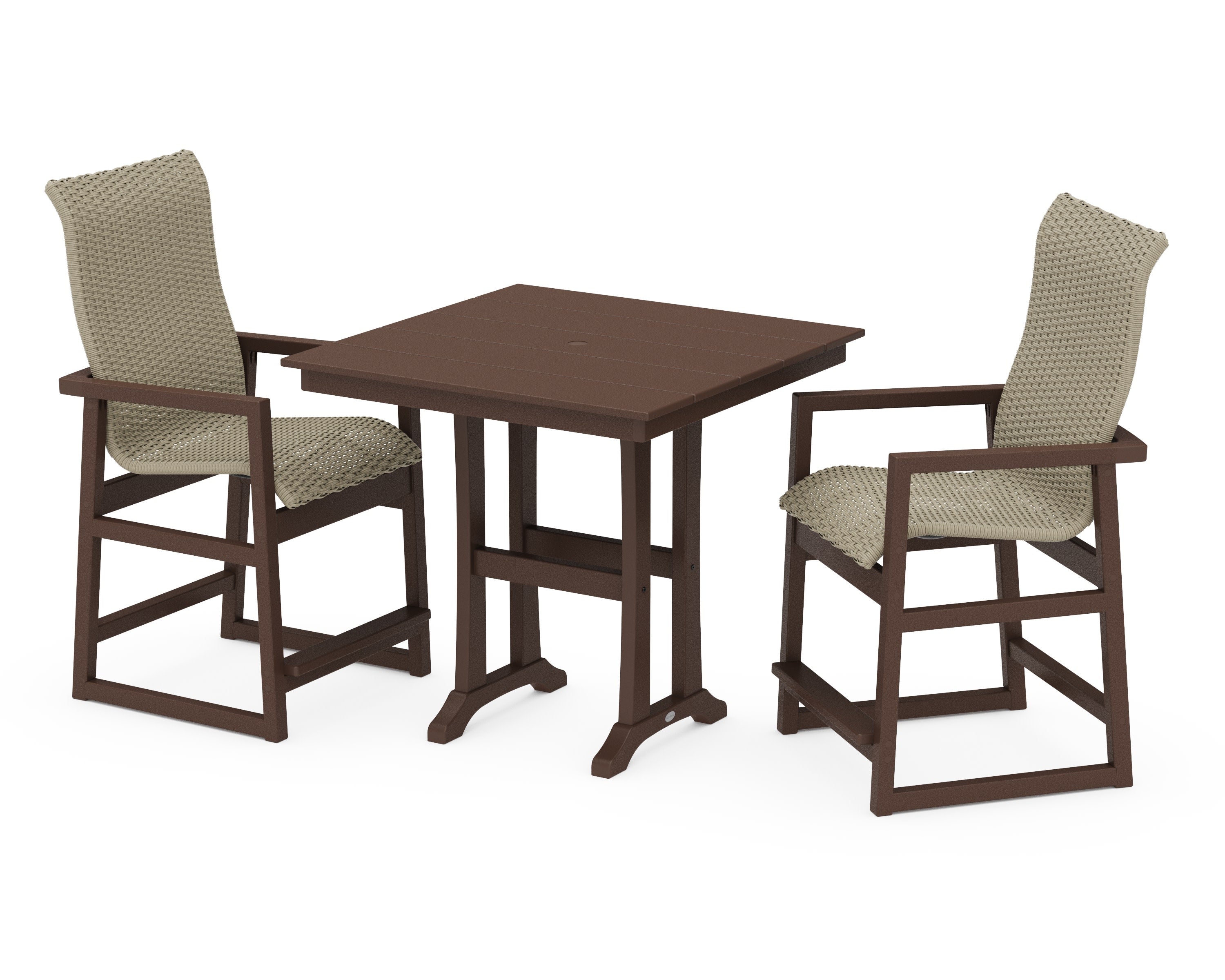 EDGE Woven Highback 3-Piece Farmhouse Counter Set with Trestle Legs in Mahogany / Dune Grass