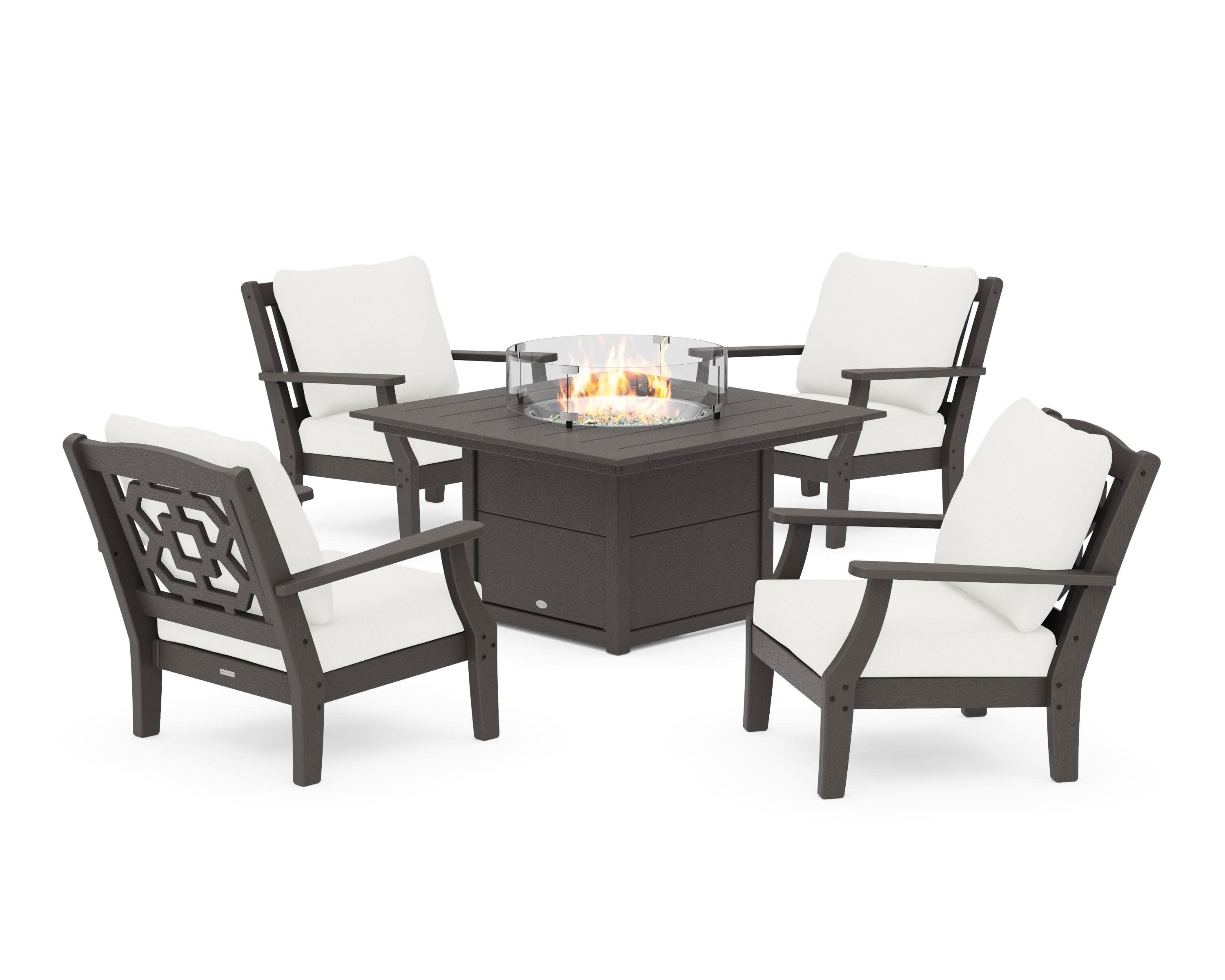 Chinoiserie 5-Piece Deep Seating Set with Fire Pit Table in Vintage Coffee / Natural Linen