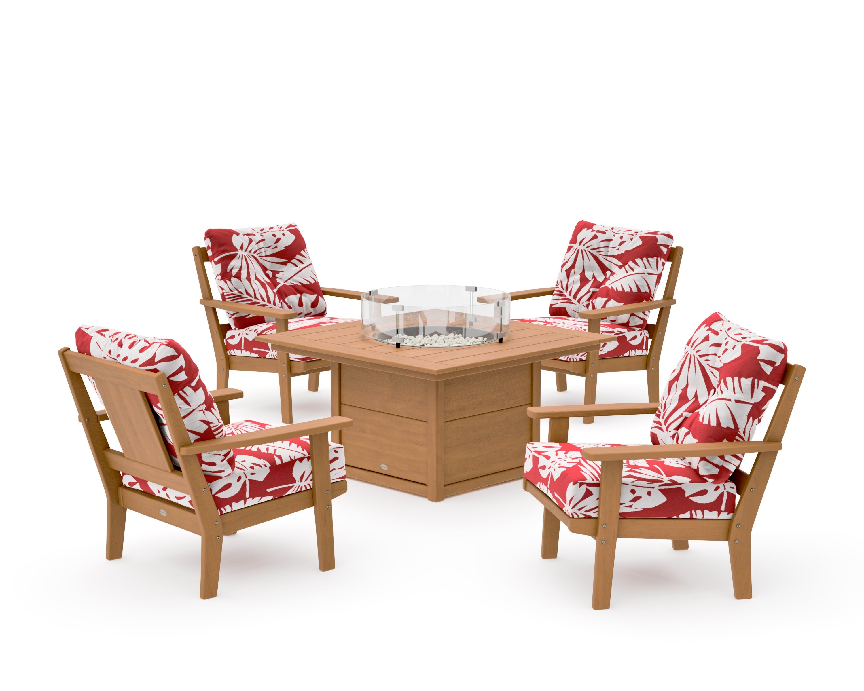 Prairie 5-Piece Deep Seating Set with Fire Pit Table in Natural / Leaf Crimson