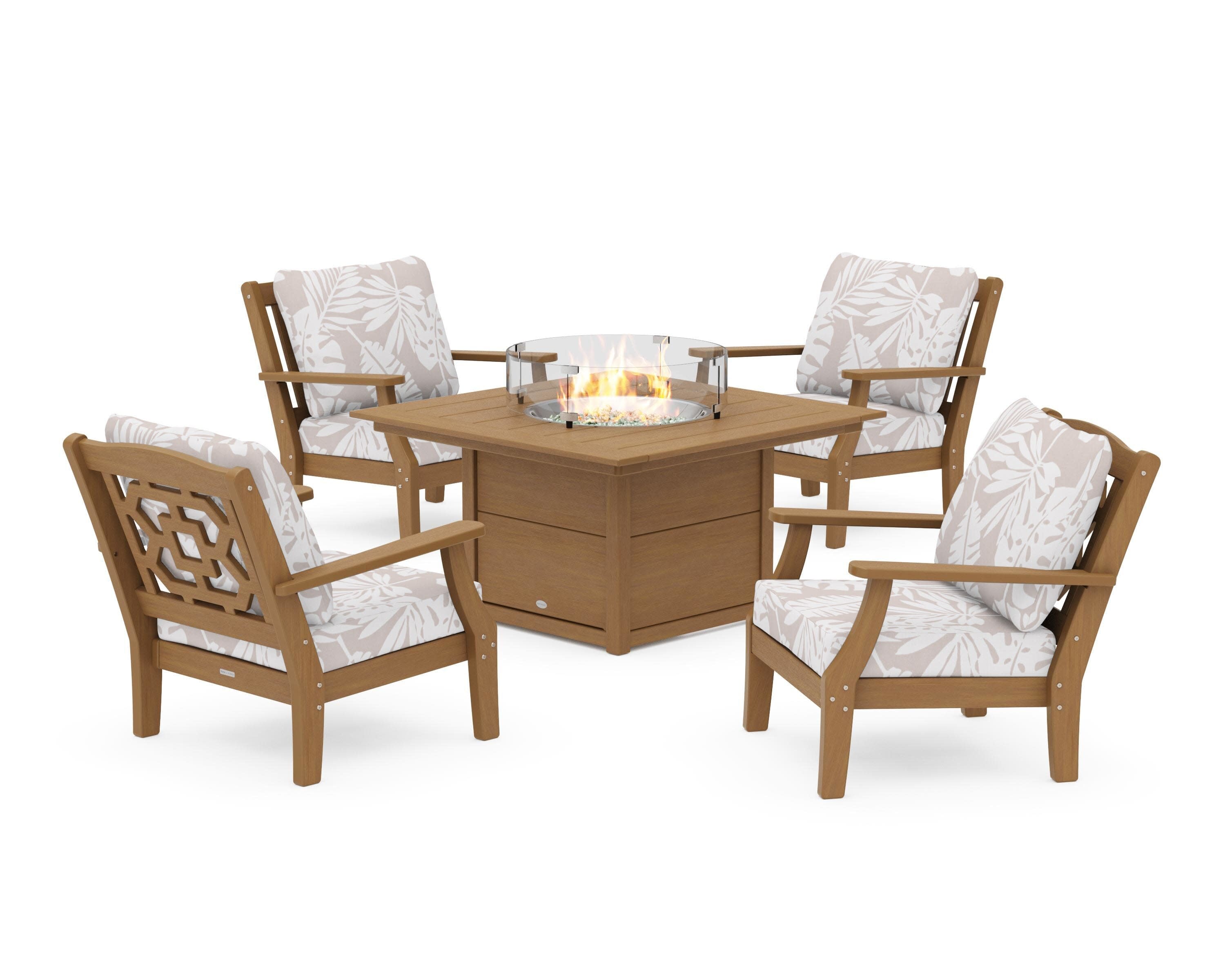 Chinoiserie 5-Piece Deep Seating Set with Fire Pit Table in Natural / Leaf Dune Burlap