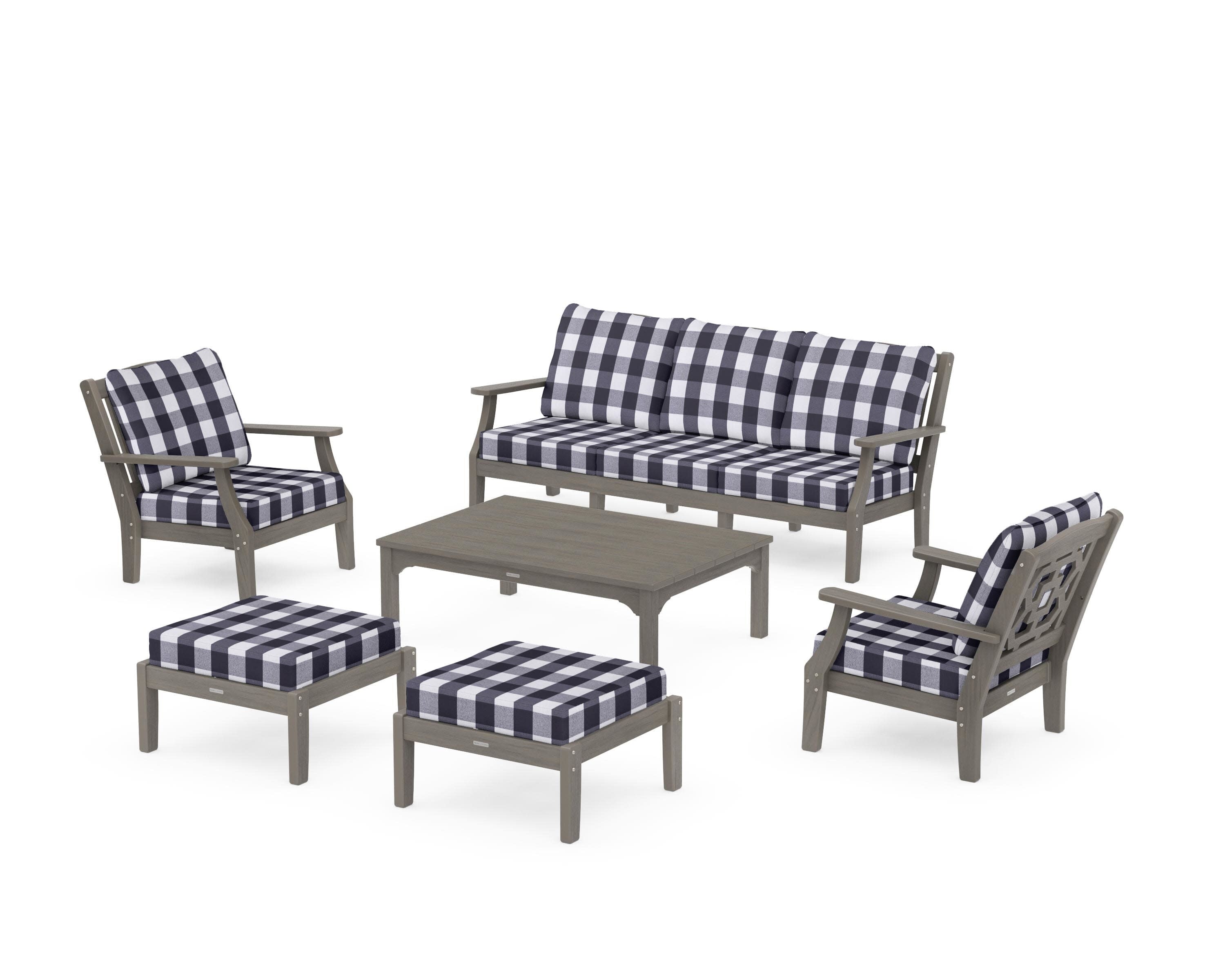 Chinoiserie 6-Piece Lounge Sofa Set in Driftwood / Buffalo Plaid Navy