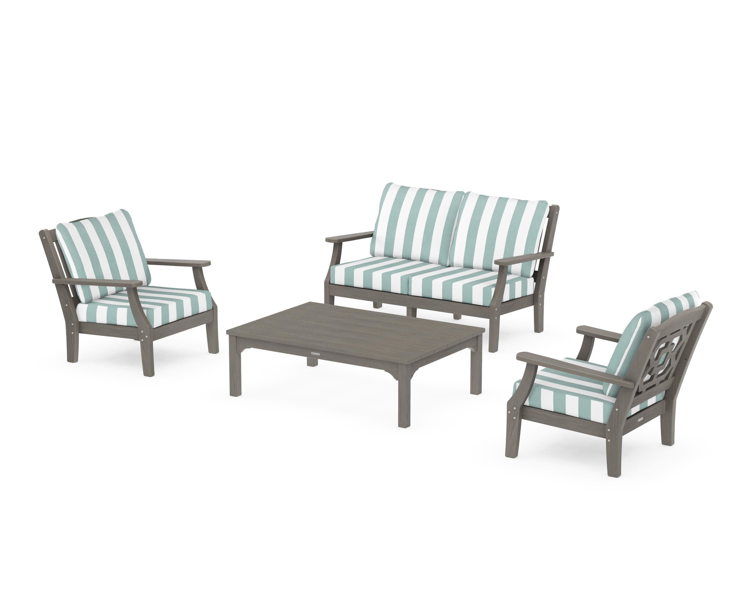 Chinoiserie 4-Piece Deep Seating Set with Loveseat in Driftwood / Cabana Stripe Glacier Spa