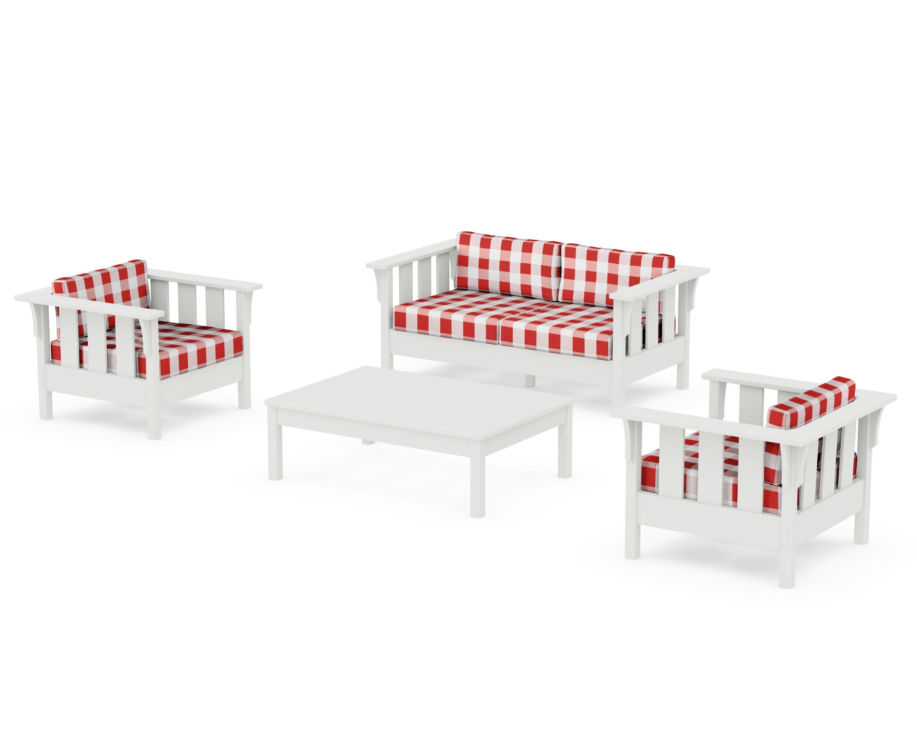Acadia 4-Piece Deep Seating Set with Loveseat in Vintage White / Buffalo Plaid Crimson