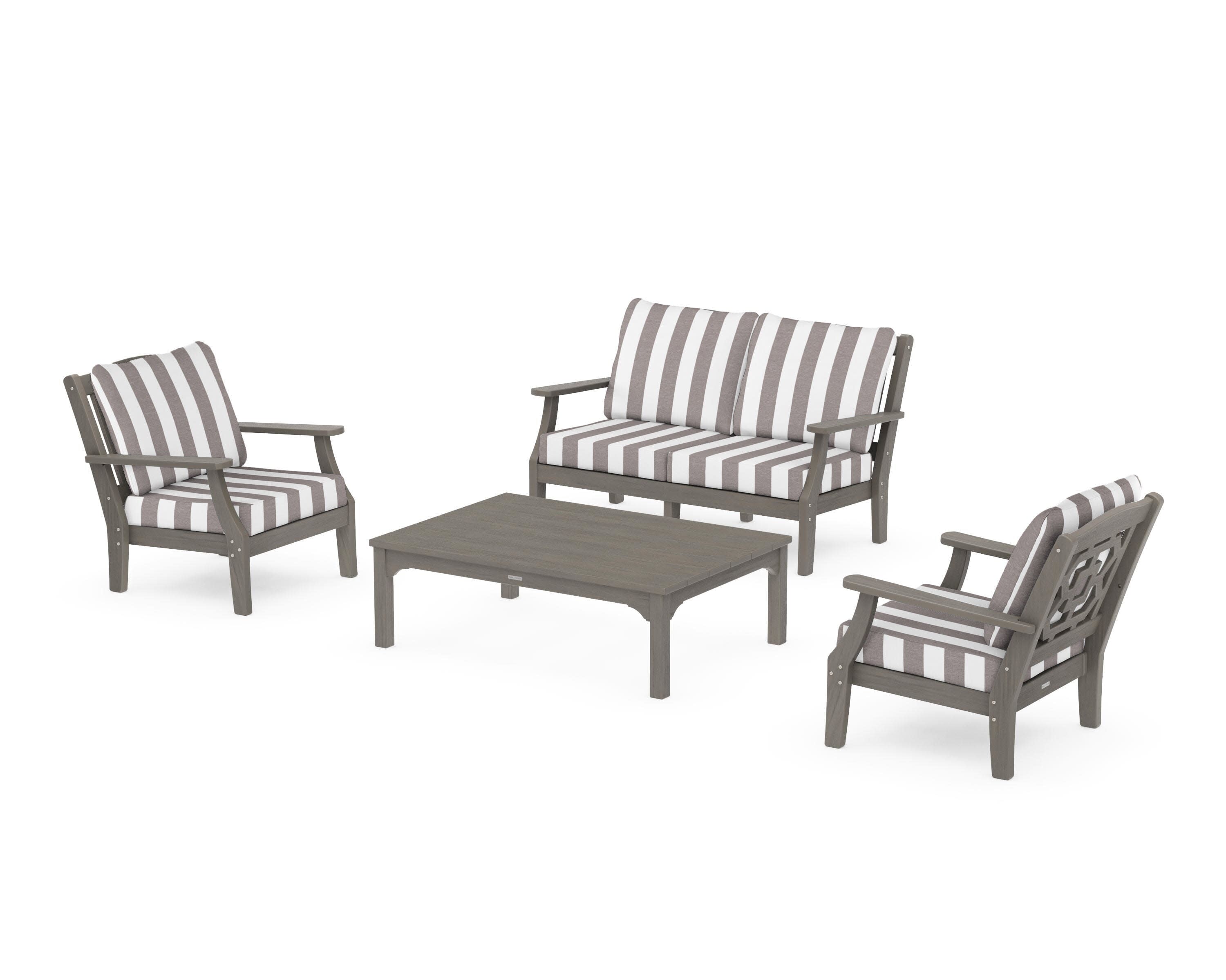 Chinoiserie 4-Piece Deep Seating Set with Loveseat in Driftwood / Cabana Stripe Grey Mist