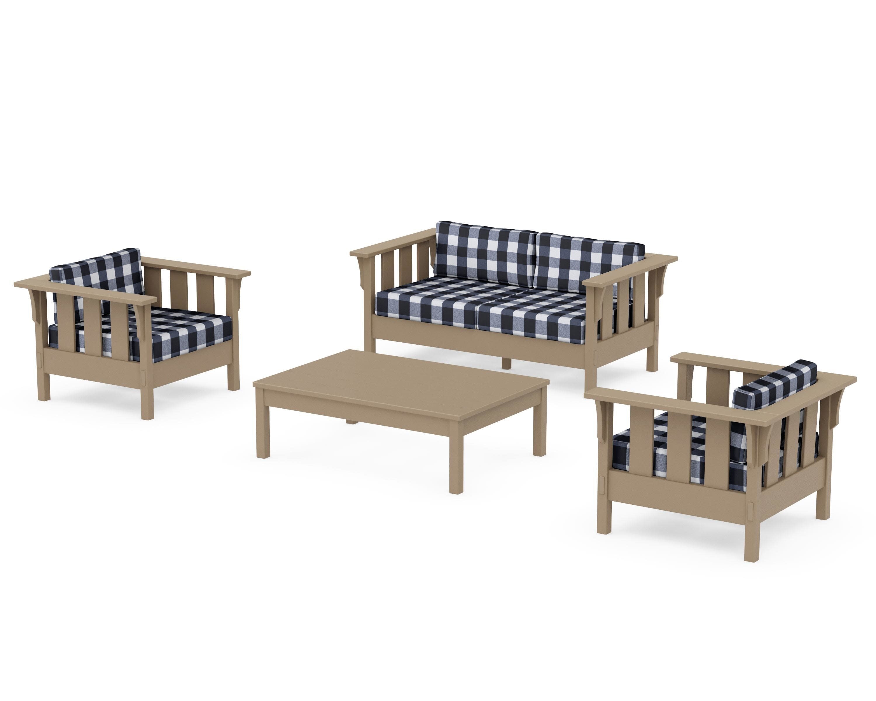 Acadia 4-Piece Deep Seating Set with Loveseat in Vintage Sahara / Buffalo Plaid Marine Indigo