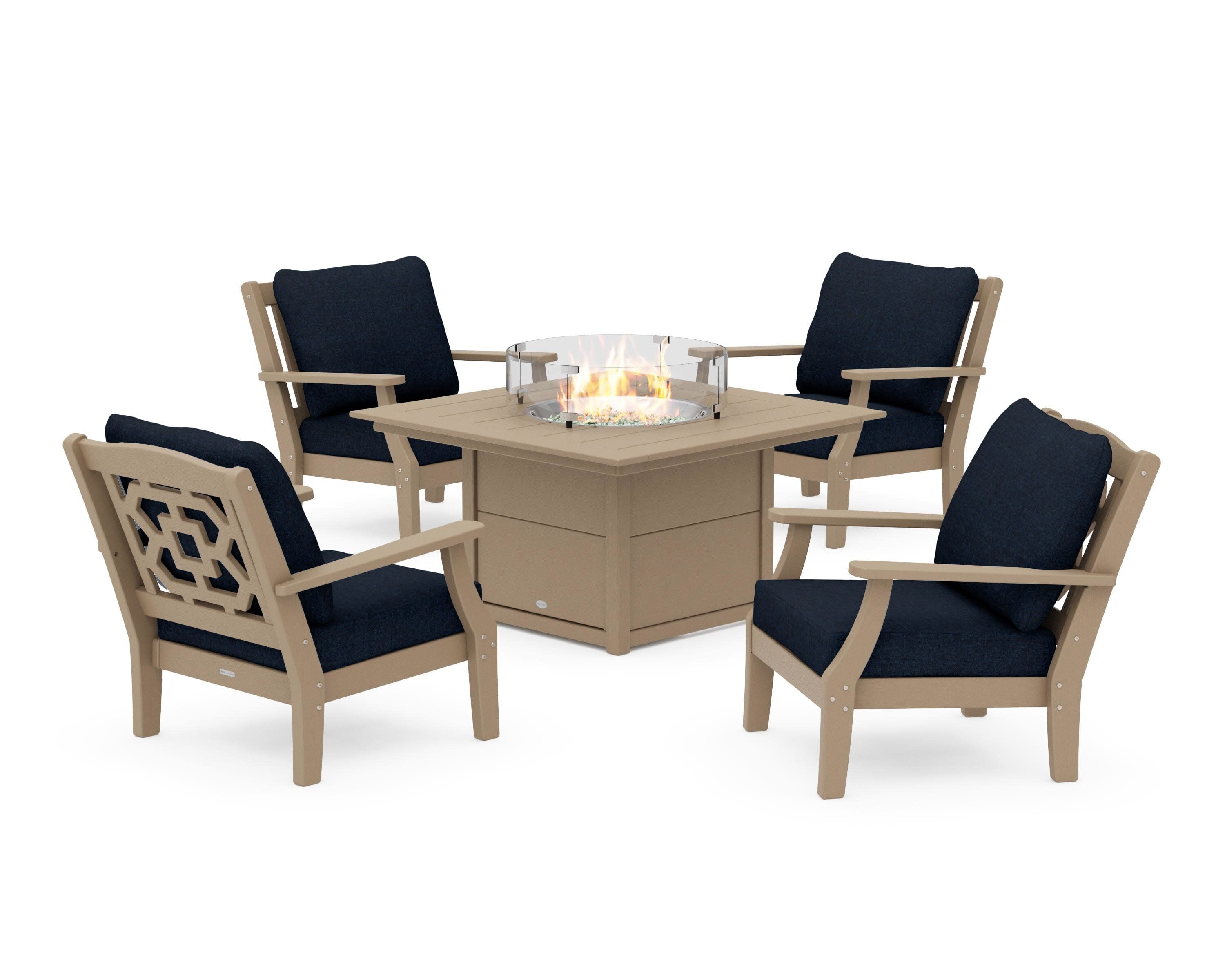 Chinoiserie 5-Piece Deep Seating Set with Fire Pit Table in Vintage Sahara / Marine Indigo