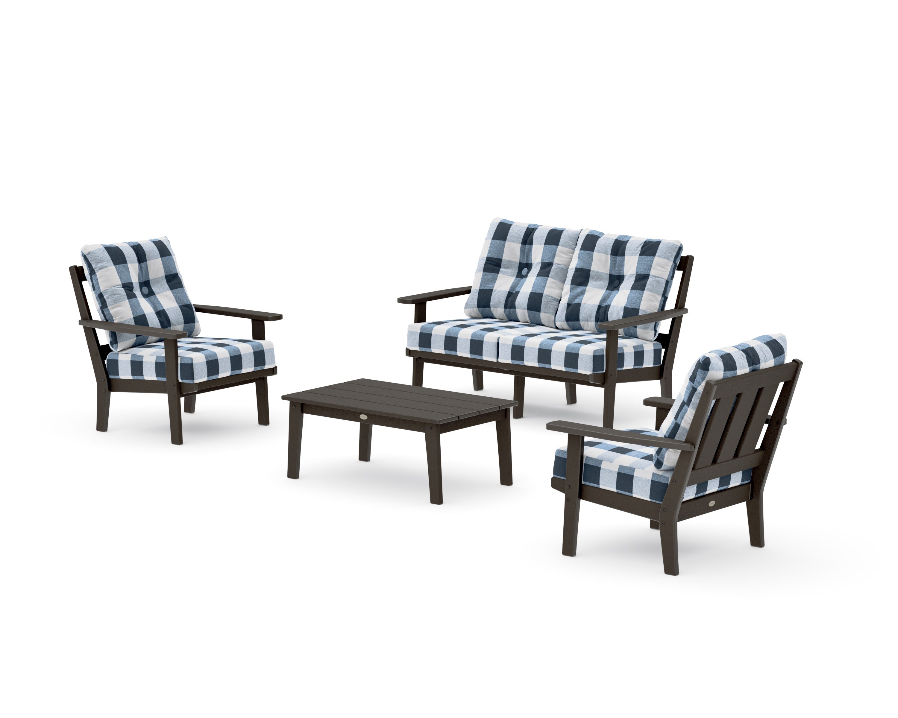 Oxford 4-Piece Deep Seating Set with Loveseat in Vintage Coffee / Buffalo Plaid Marine Indigo