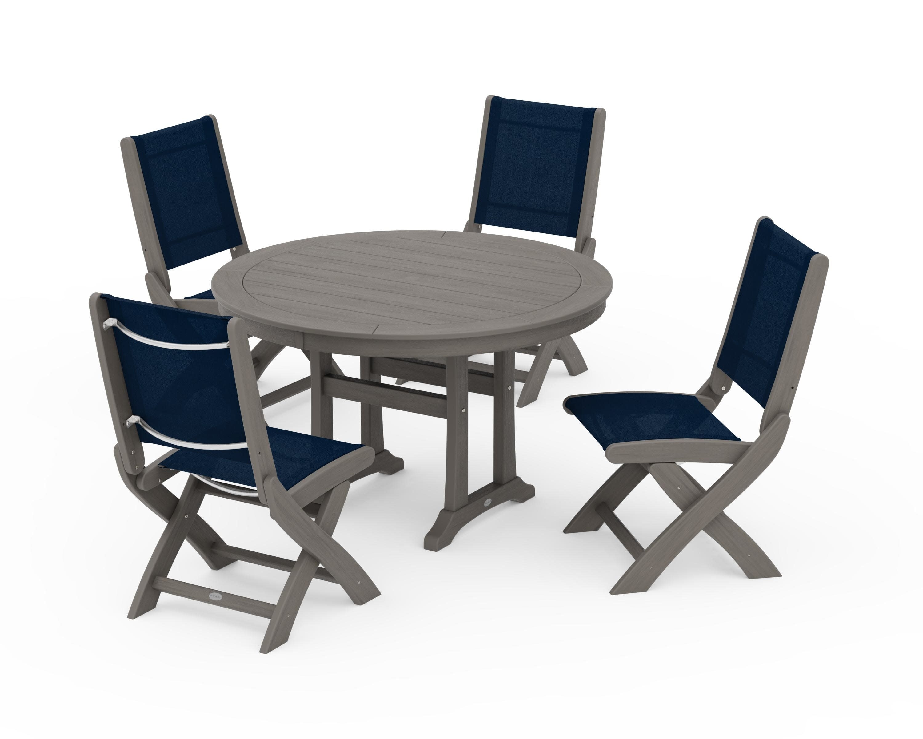 Coastal Folding Side Chair 5-Piece Round Dining Set With Trestle Legs in Driftwood / Navy Blue Sling