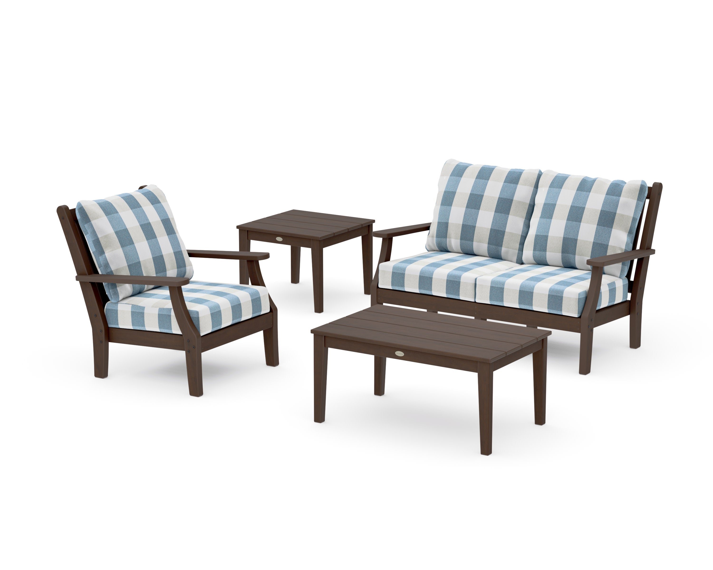 Wovendale 4-Piece Deep Seating Set in Kona / Buffalo Plaid Sky Blue