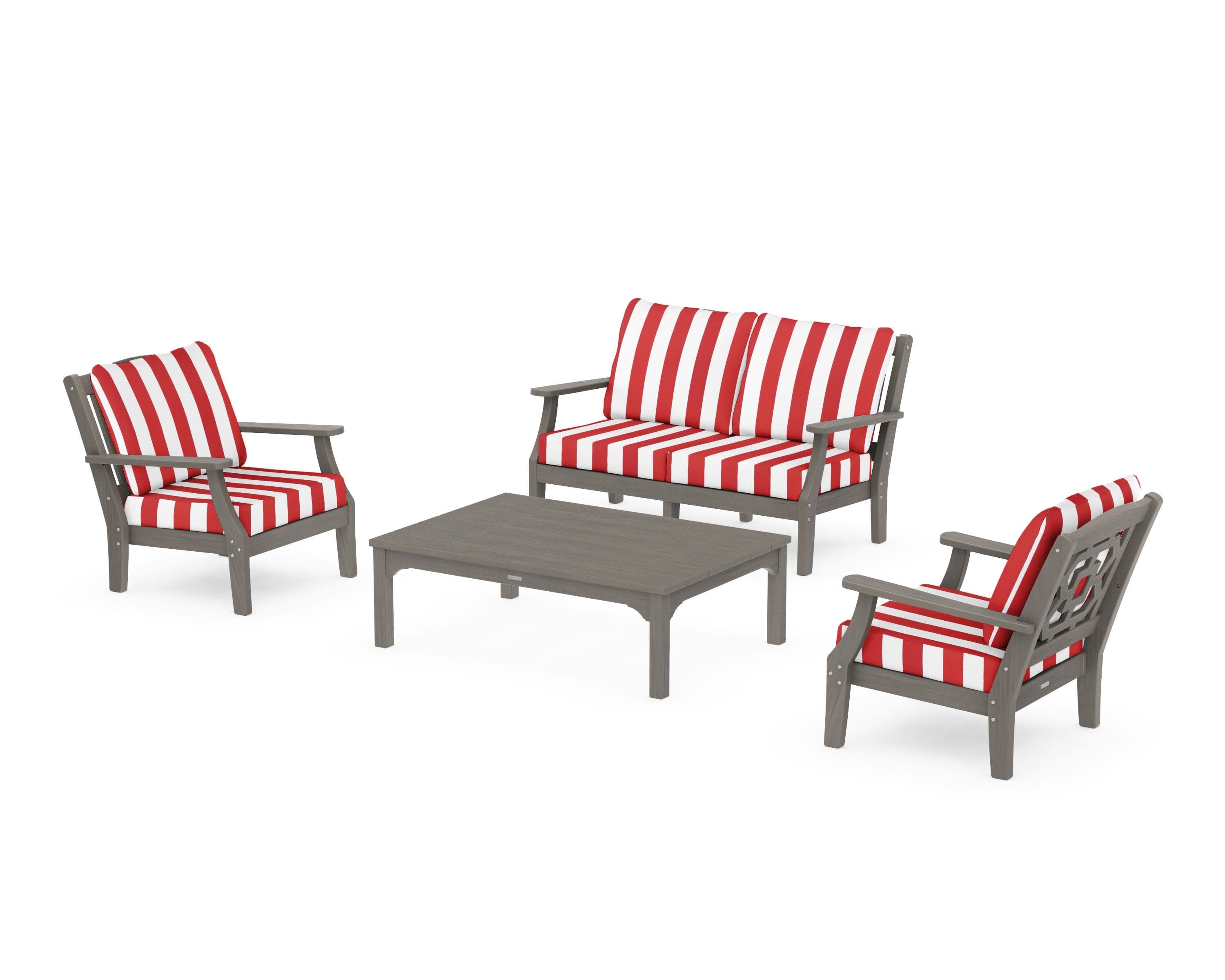 Chinoiserie 4-Piece Deep Seating Set with Loveseat in Driftwood / Cabana Stripe Crimson